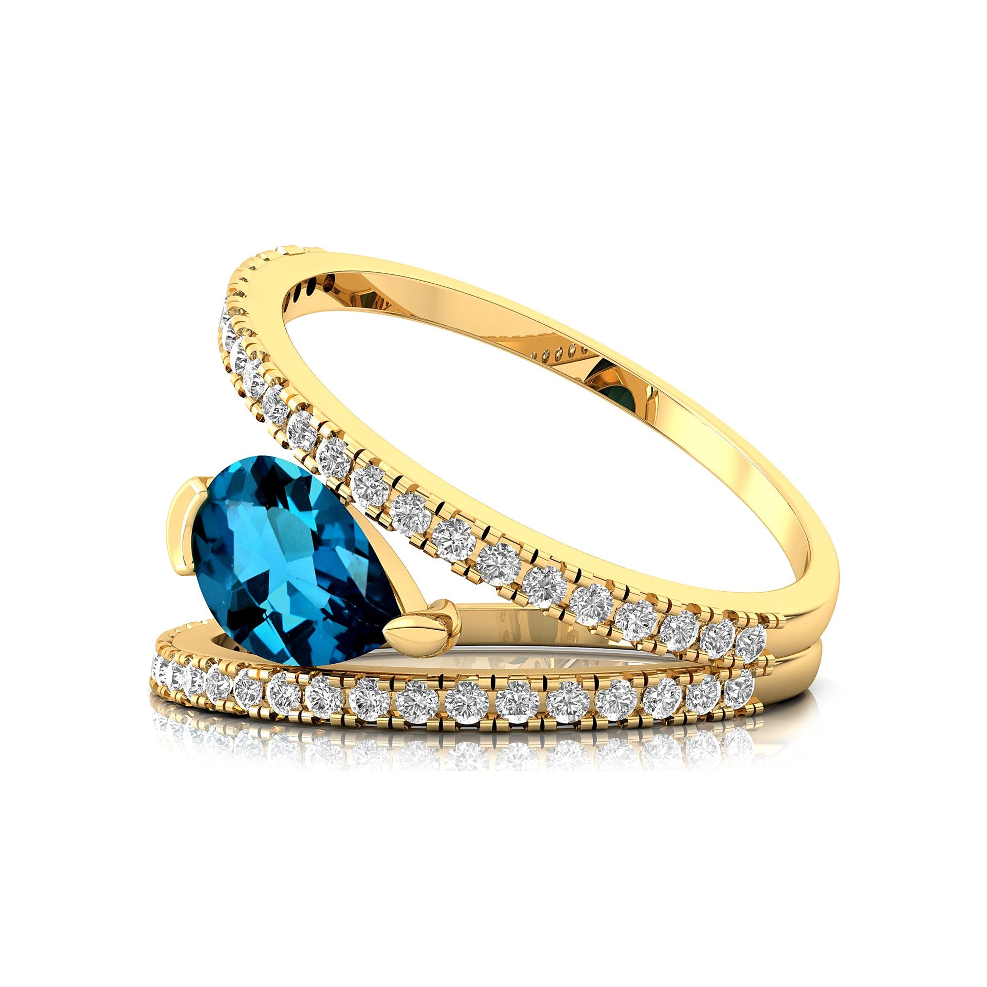 Fashionable V Shaped Diamond Ring with Pear Cut London Blue Topaz - GeumJewels