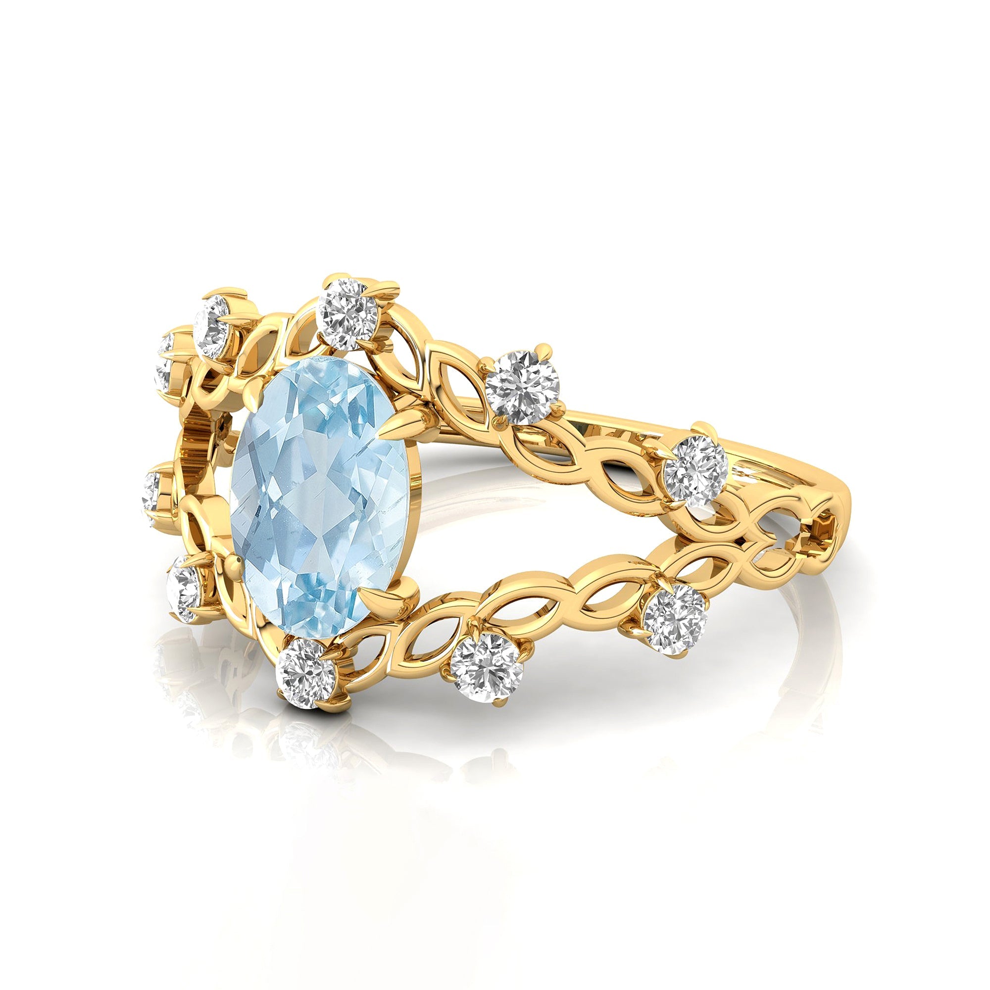 Flower Inspired Ring with Oval Shaped Aquamarine and Accent Diamonds - GeumJewels