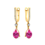 Lever Back Diamond Drop Earrings with Pear Cut Pink Sapphire - GeumJewels