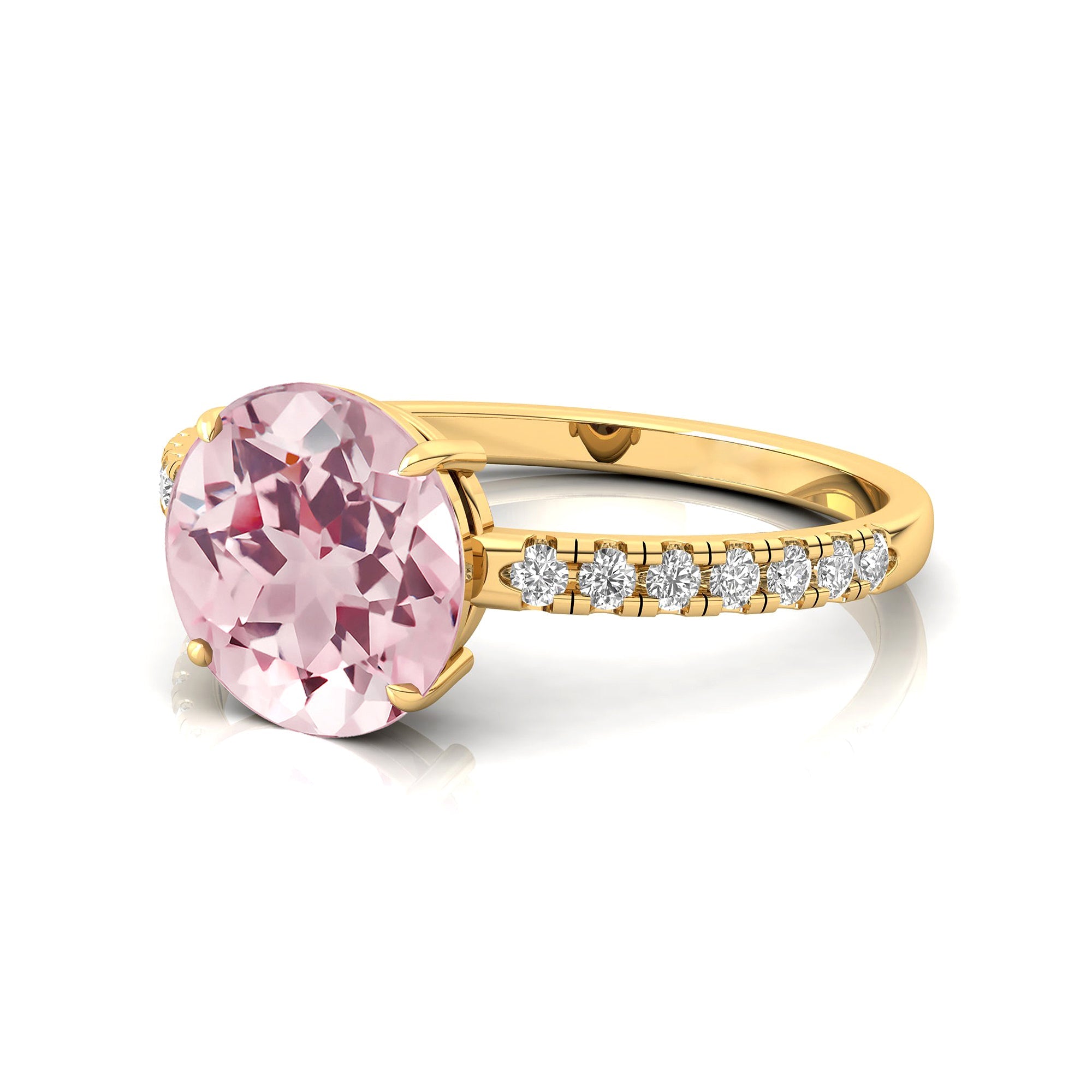 Classic Six Prong Round Solitaire Morganite Ring with Accent Diamond Band - GeumJewels