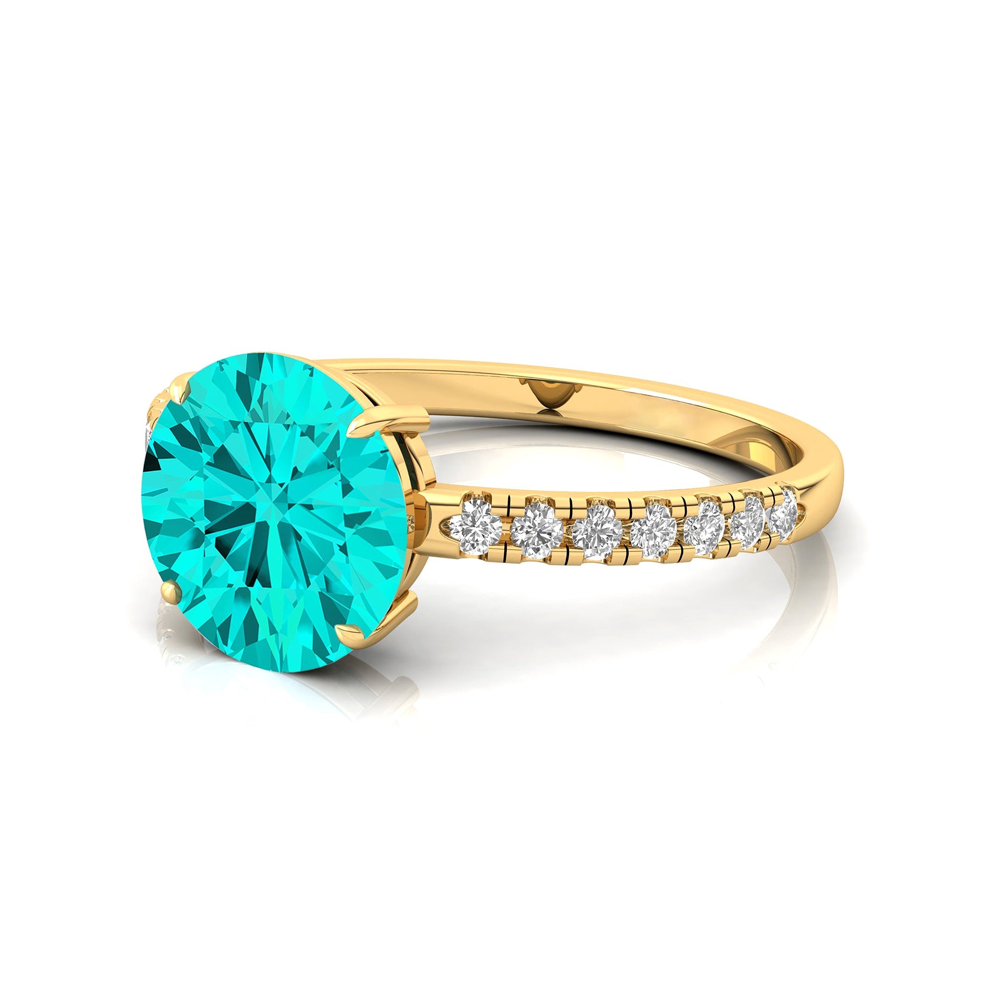 Classic Six Prong Round Solitaire Paraiba Tourmaline Ring with Accent Diamond Band - GeumJewels