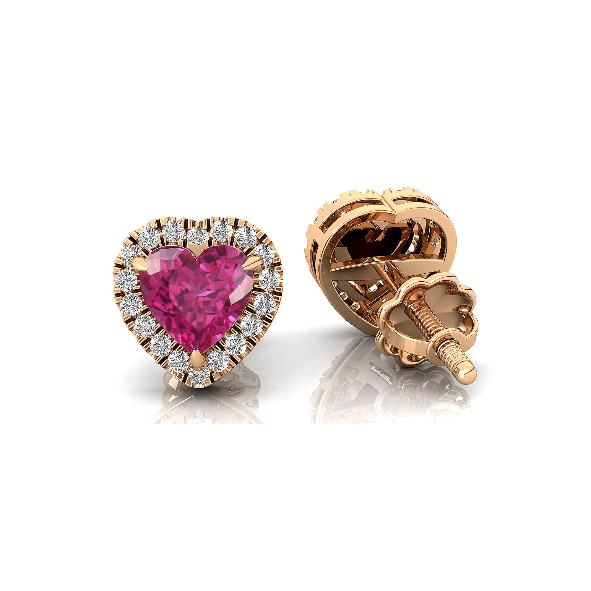 Heart Shaped Pink Sapphire Halo Diamond Stud Earrings - GeumJewels
