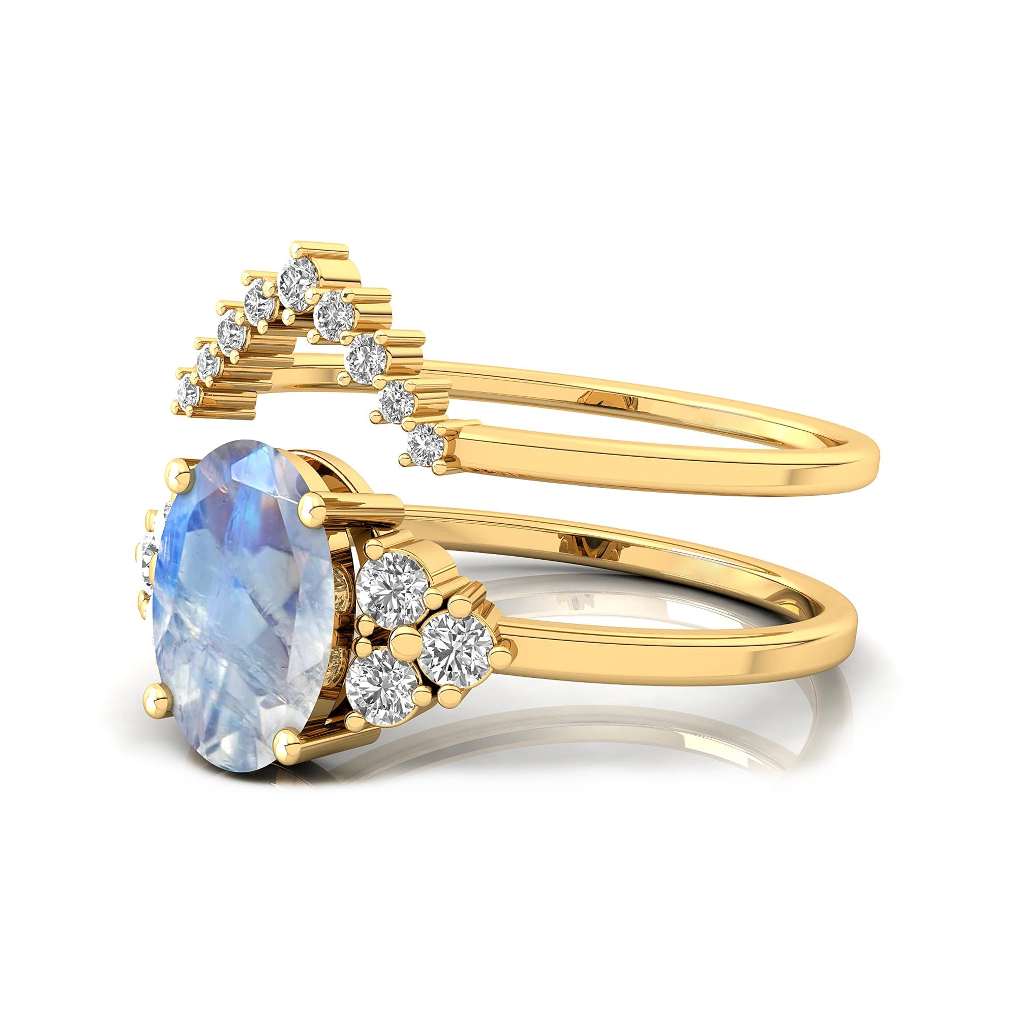 Rainbow Moonstone Gold Ring with Stackable Diamond Band - GeumJewels