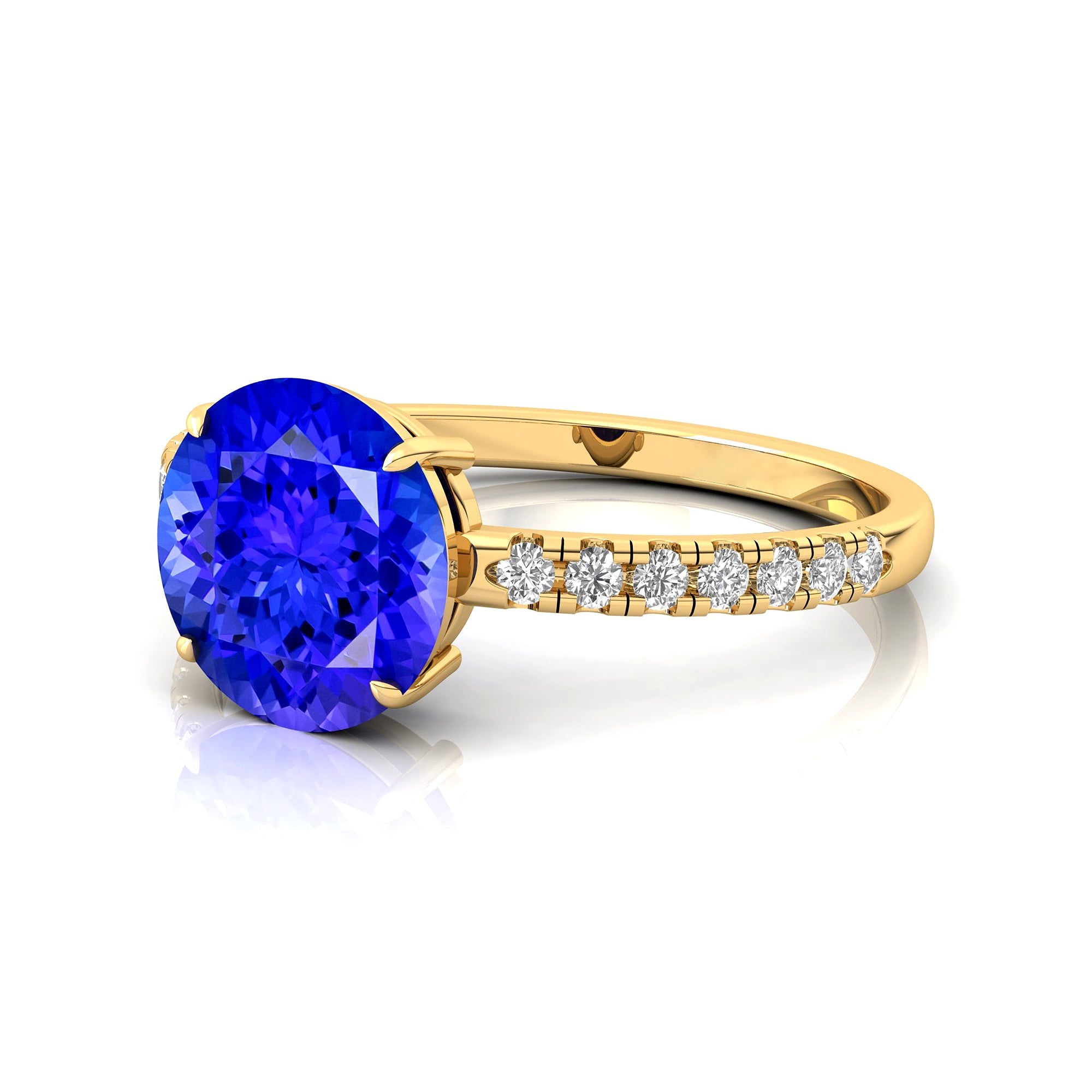 Classic Six Prong Round Solitaire Tanzanite Ring with Accent Diamond Band - GeumJewels