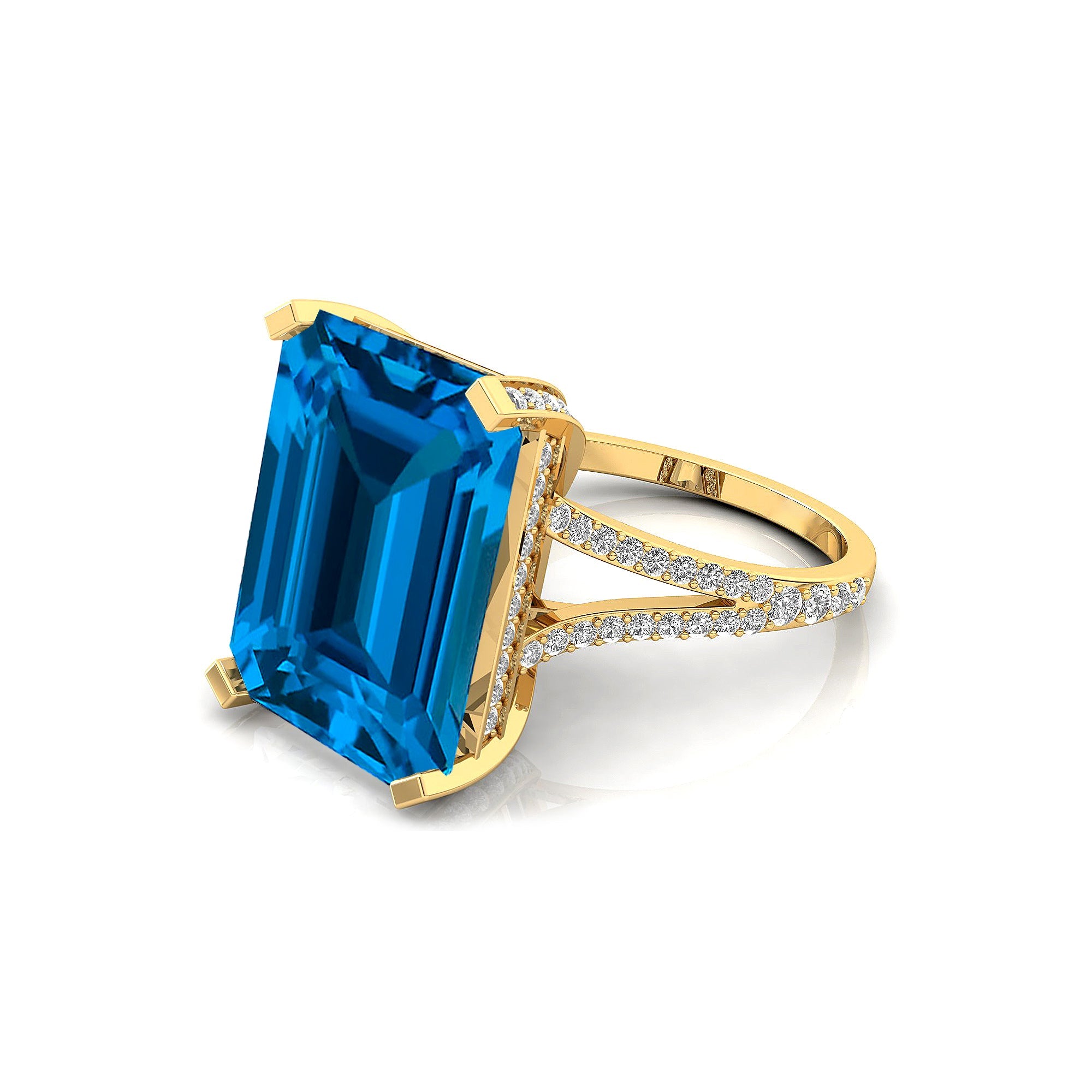 Emerald Cut London Blue Topaz Split Shank Engagement Ring with Diamonds - GeumJewels