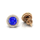 Round Solitaire Tanzanite Halo Diamond Stud Earrings - GeumJewels