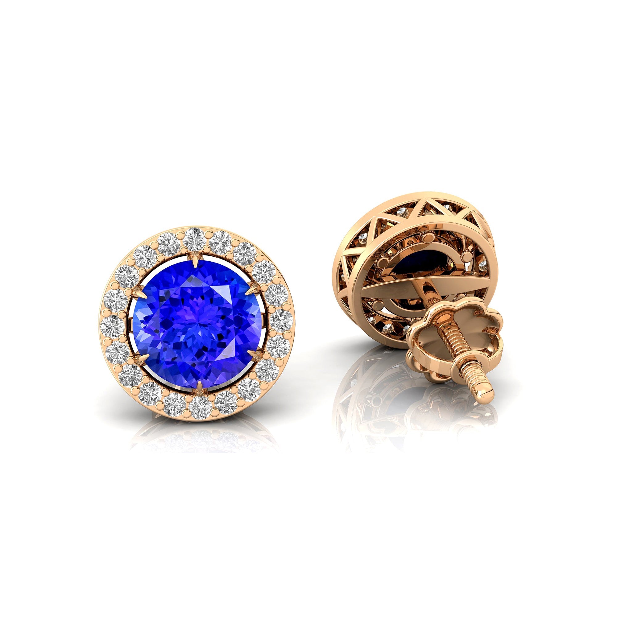 Round Solitaire Tanzanite Halo Diamond Stud Earrings - GeumJewels