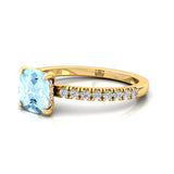 Aquamarine Square Cushion Under Halo Diamonds Thin Ring with Diamond Band - GeumJewels