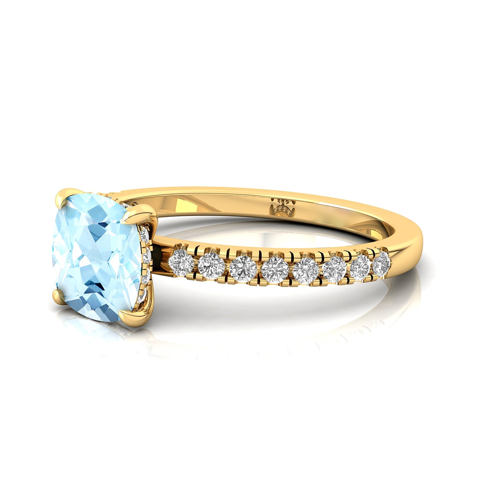 Aquamarine Square Cushion Under Halo Diamonds Thin Ring with Diamond Band - GeumJewels