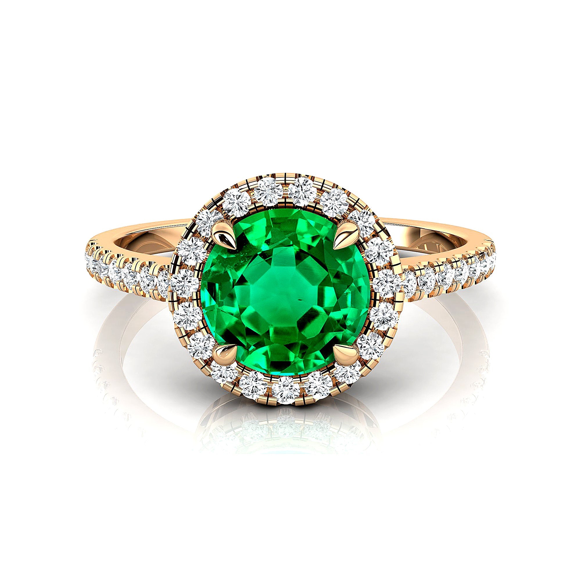 Classic Round Halo Diamonds with Solitaire Emerald Engagement Ring - GeumJewels