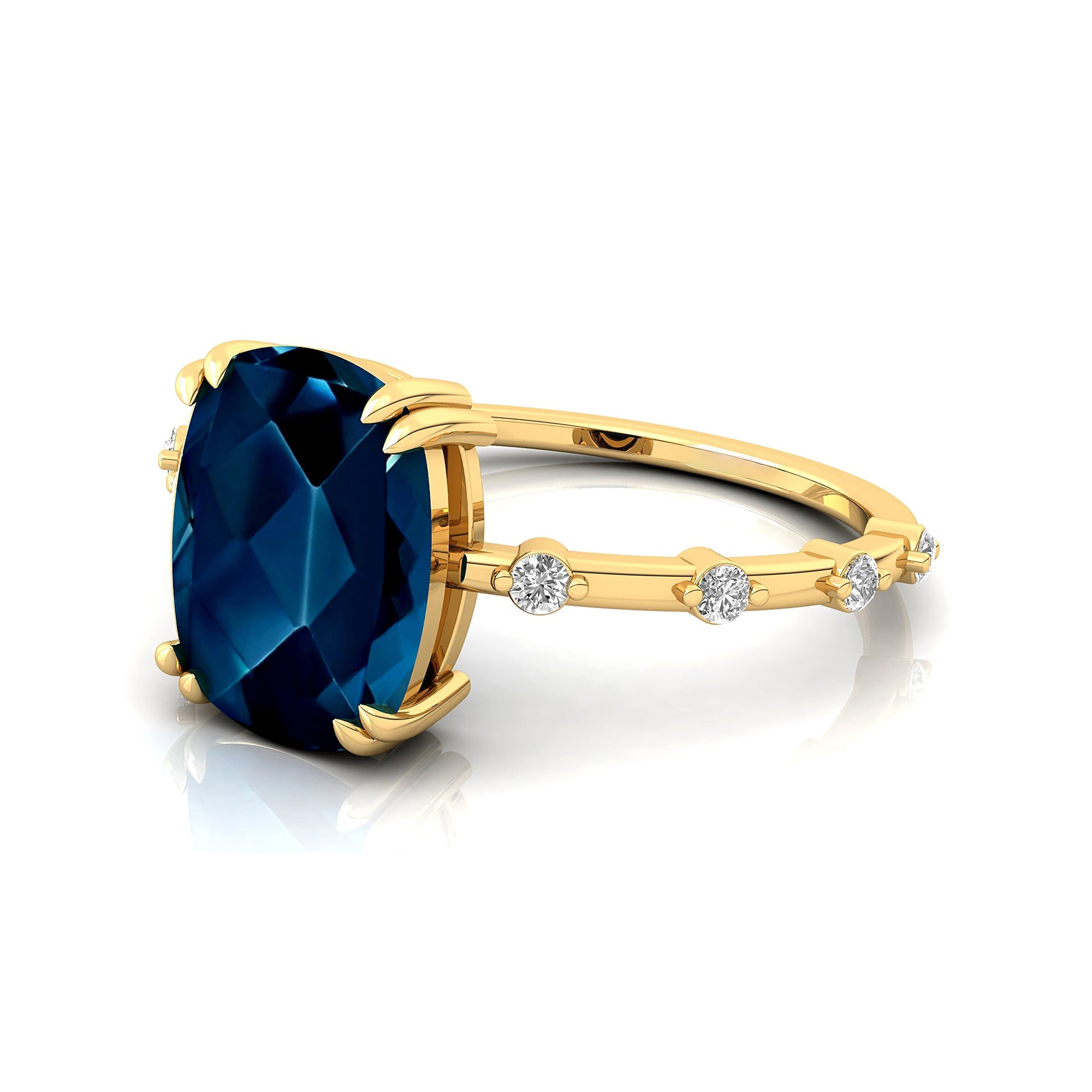 Cushion Cut London Blue Topaz Engagement Ring with Distant Diamond Band - GeumJewels