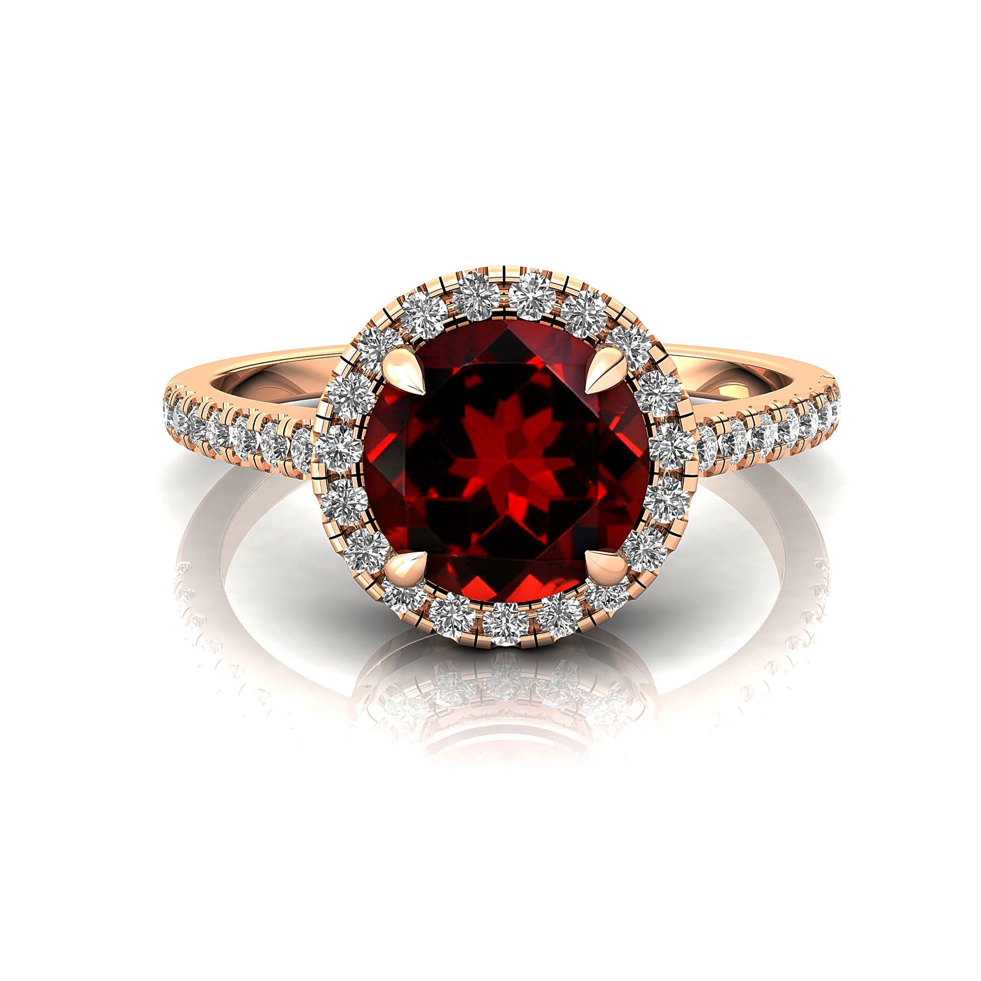 Classic Round Halo Diamonds with Solitaire Garnet Engagement Ring - GeumJewels