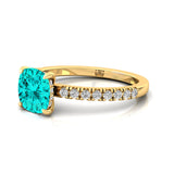 Paraiba Tourmaline Square Cushion Under Halo Diamonds Thin Ring with Diamond Band - GeumJewels