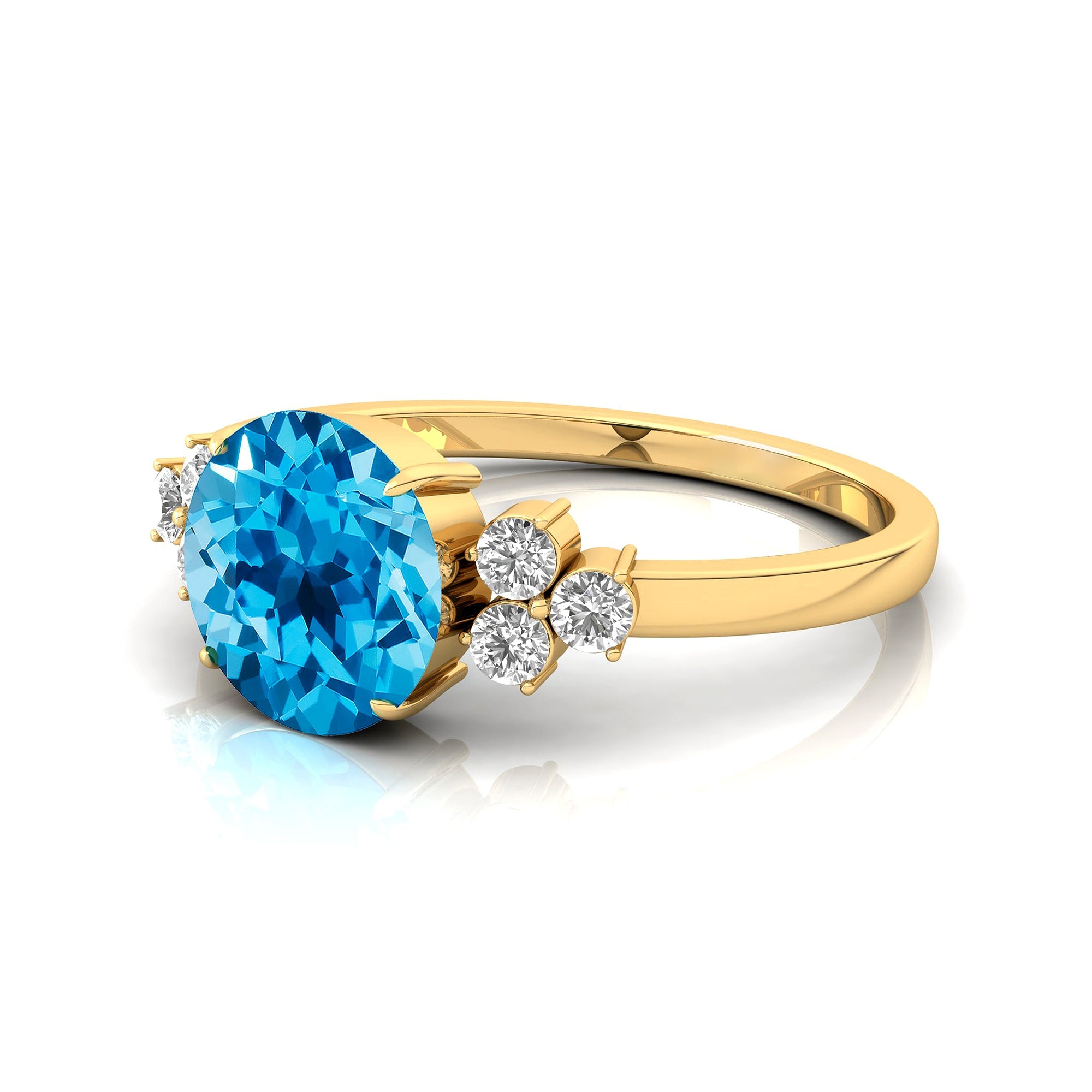 Trio Diamond Engagement Ring with Round Solitaire Swiss Blue Topaz - GeumJewels