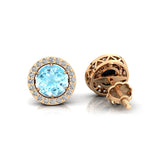 Round Solitaire Aquamarine Halo Diamond Stud Earrings - GeumJewels