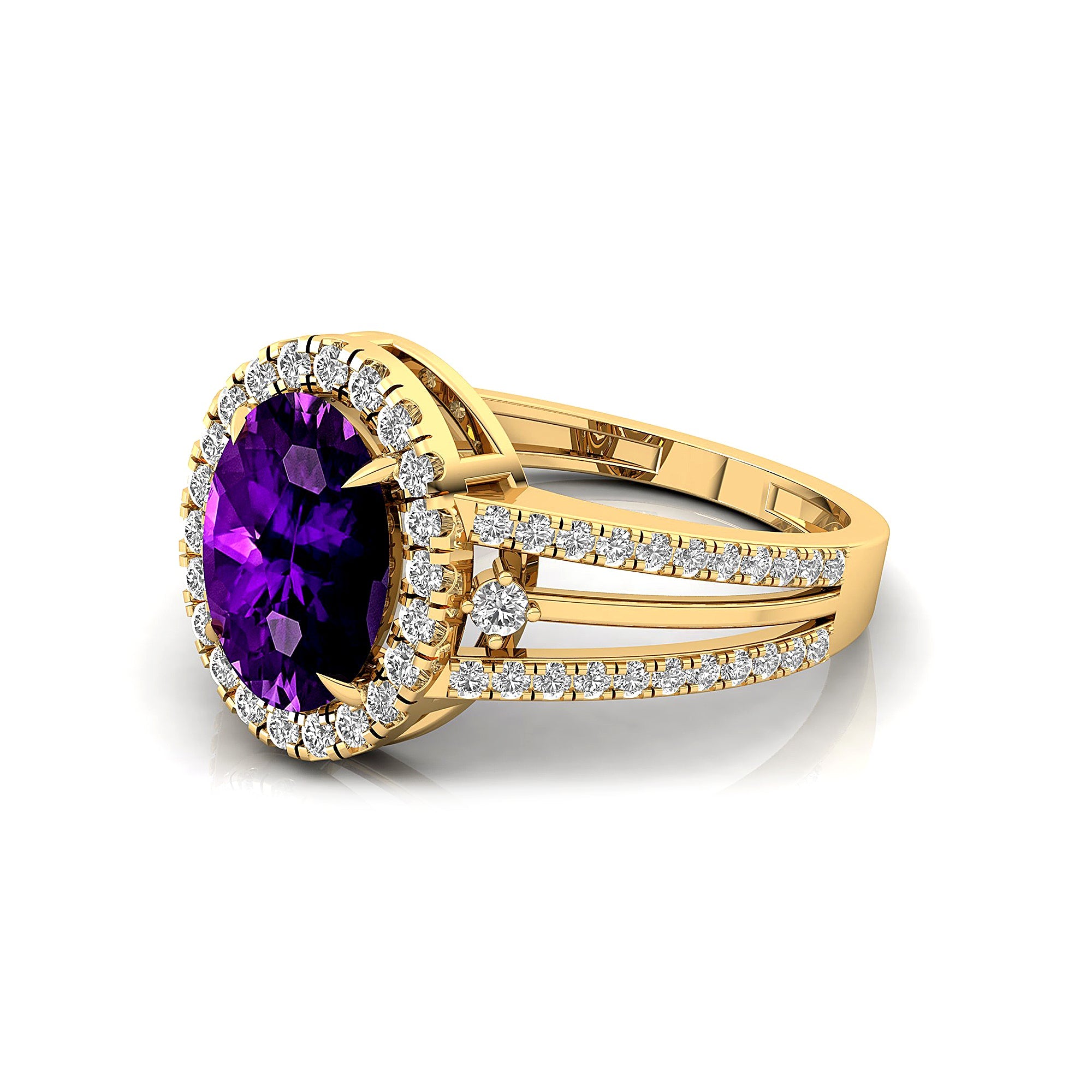 Solitaire Oval Amethyst Split Shank Diamond Engagement Ring - GeumJewels