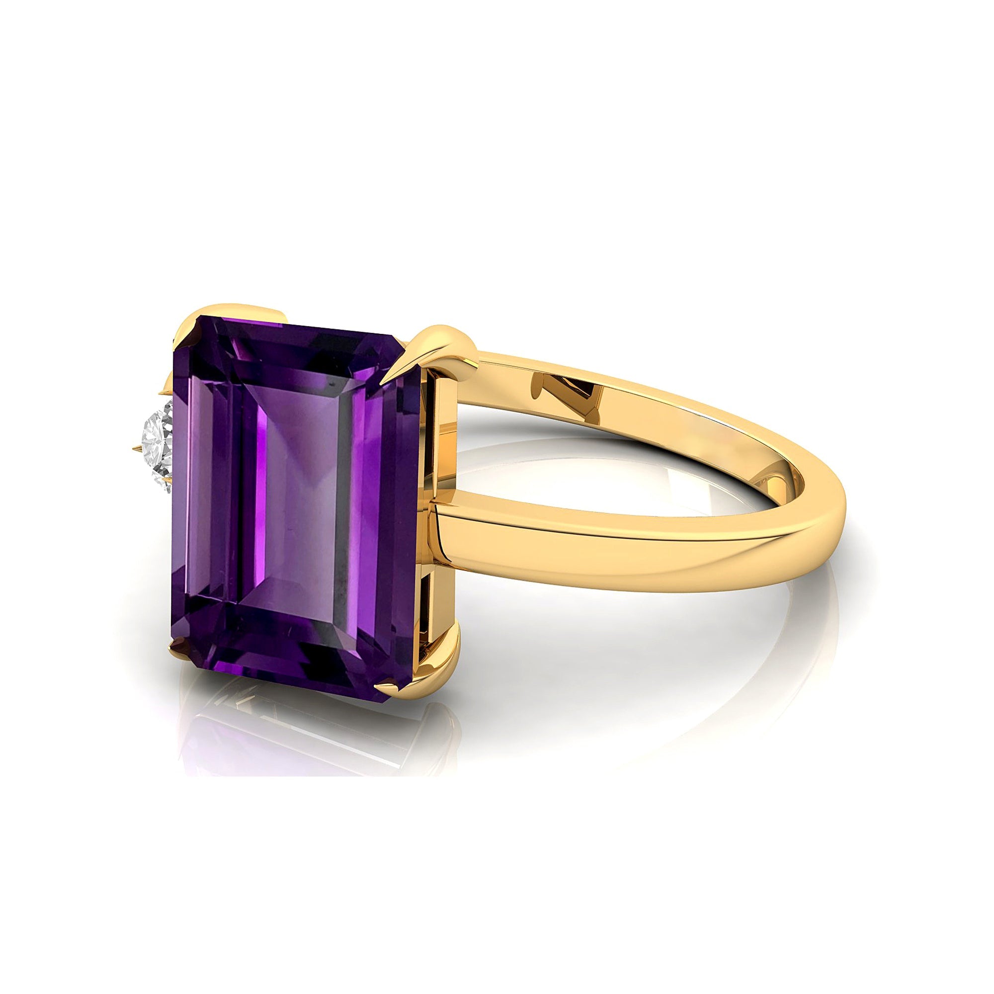 Emerald Shaped Amethyst with 3mm Accent Solitaire Engagement Ring - GeumJewels