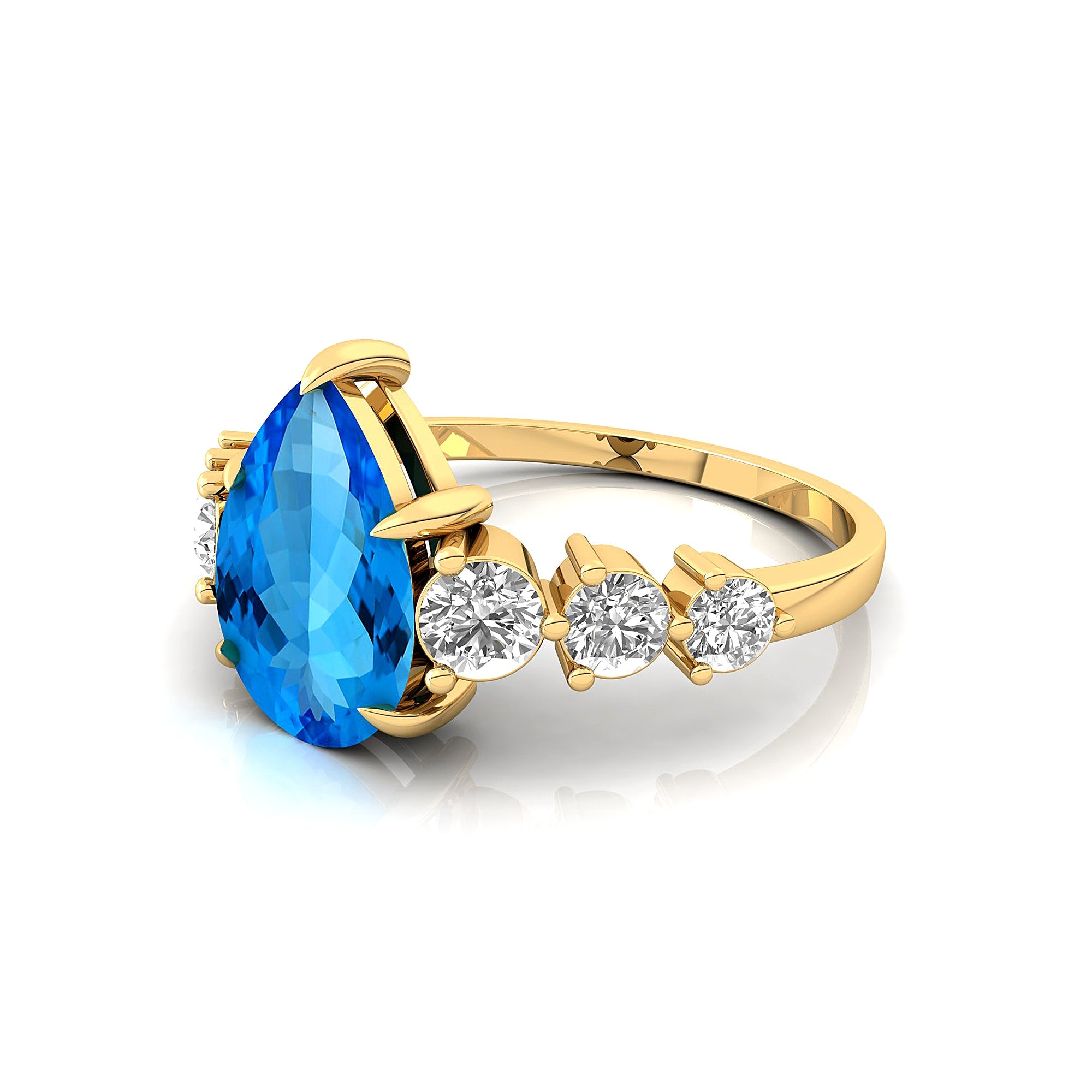 Pear Cut Swiss Blue Topaz with Graduated Diamonds Ring - GeumJewels