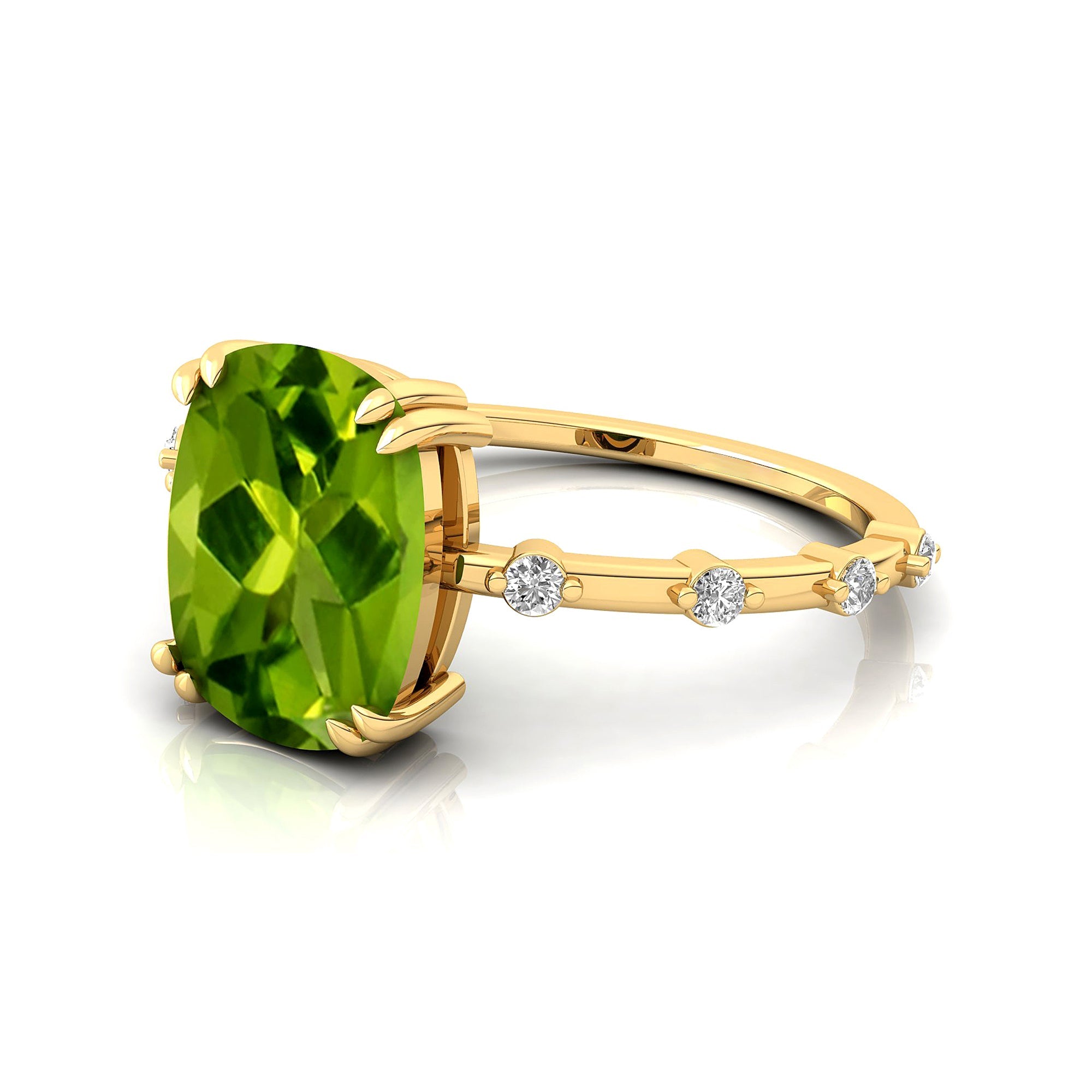 Cushion Cut Peridot Engagement Ring with Distant Diamond Band - GeumJewels
