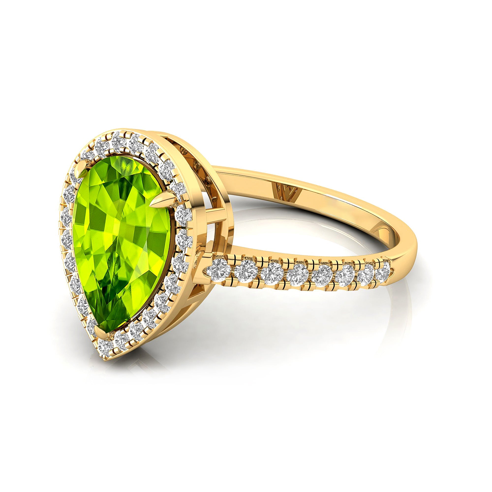 Classic Pear Shaped Peridot Halo Diamond Engagement Ring - GeumJewels