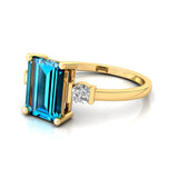 Emerald Cut London Blue Topaz and Diamond Three Stone Ring - GeumJewels