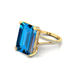 Emerald Cut Swiss Blue Topaz Split Shank Engagement Ring with Diamonds - GeumJewels