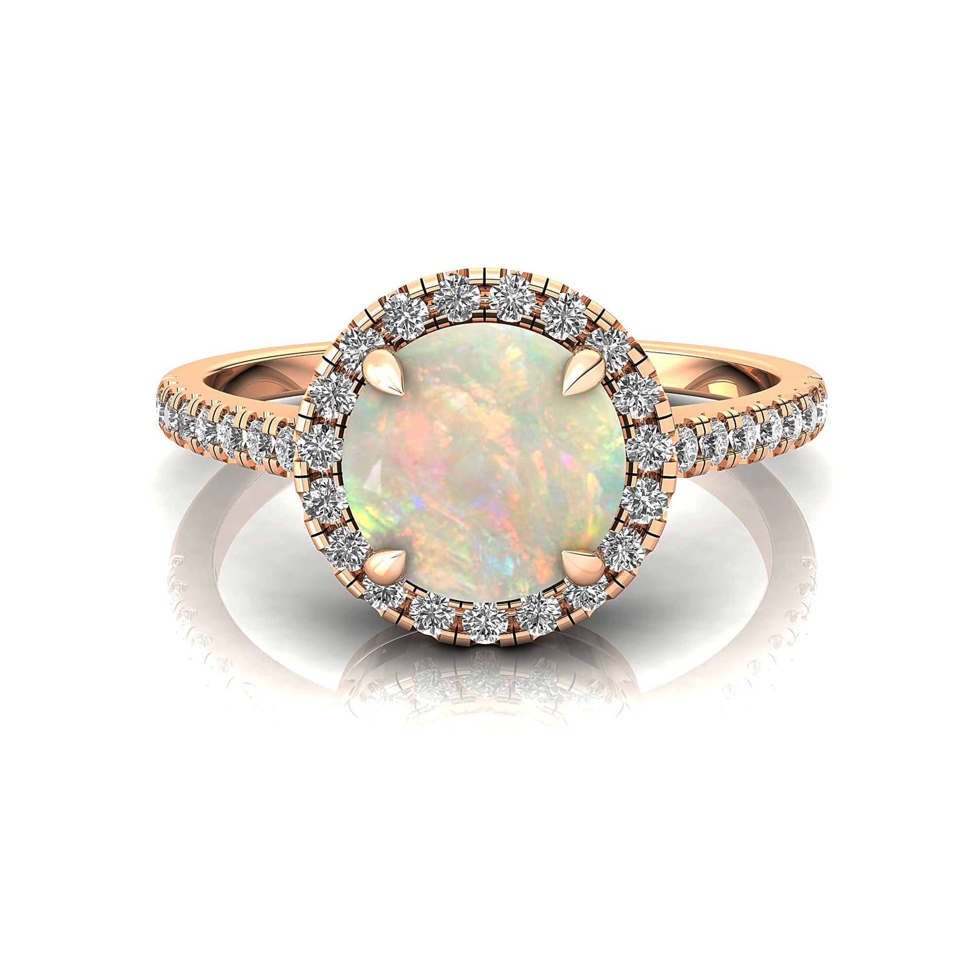 Classic Round Halo Diamonds with Solitaire Opal Engagement Ring - GeumJewels
