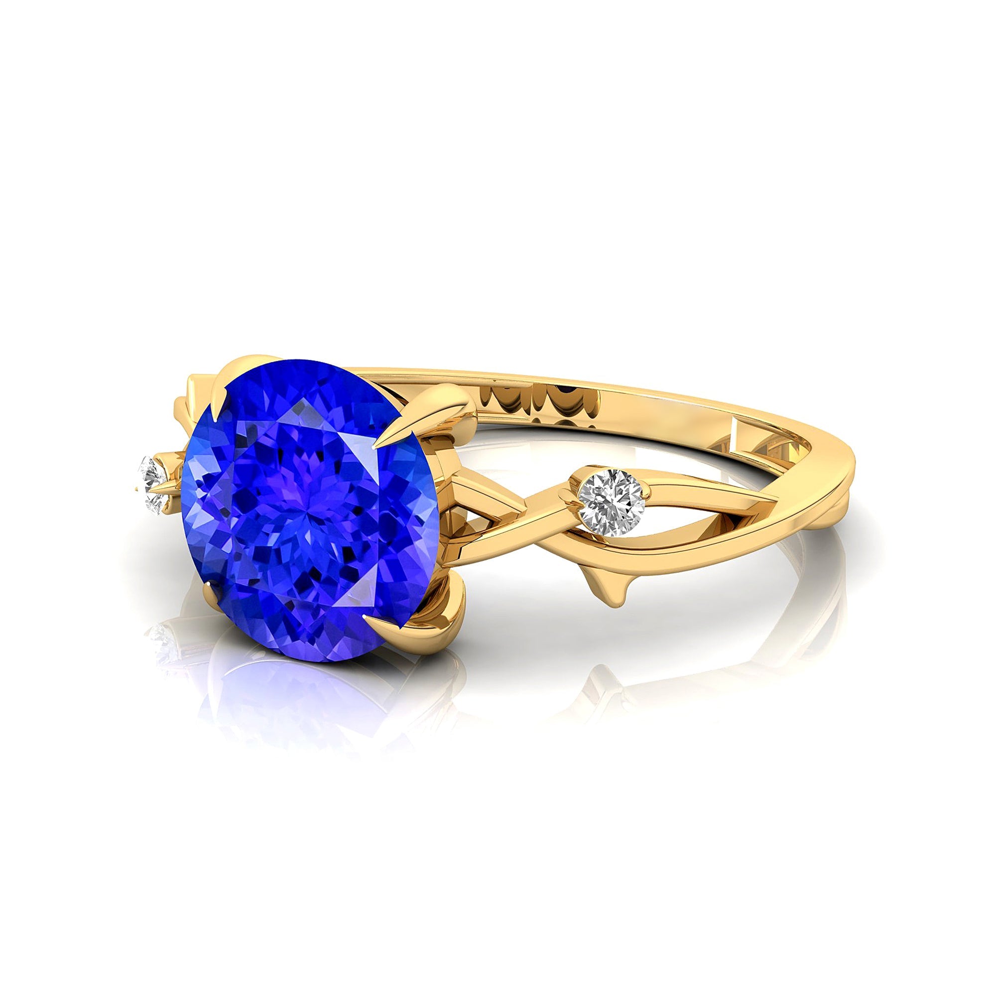 Criss Cross Nature Inspired Diamond Ring  with Round Tanzanite - GeumJewels