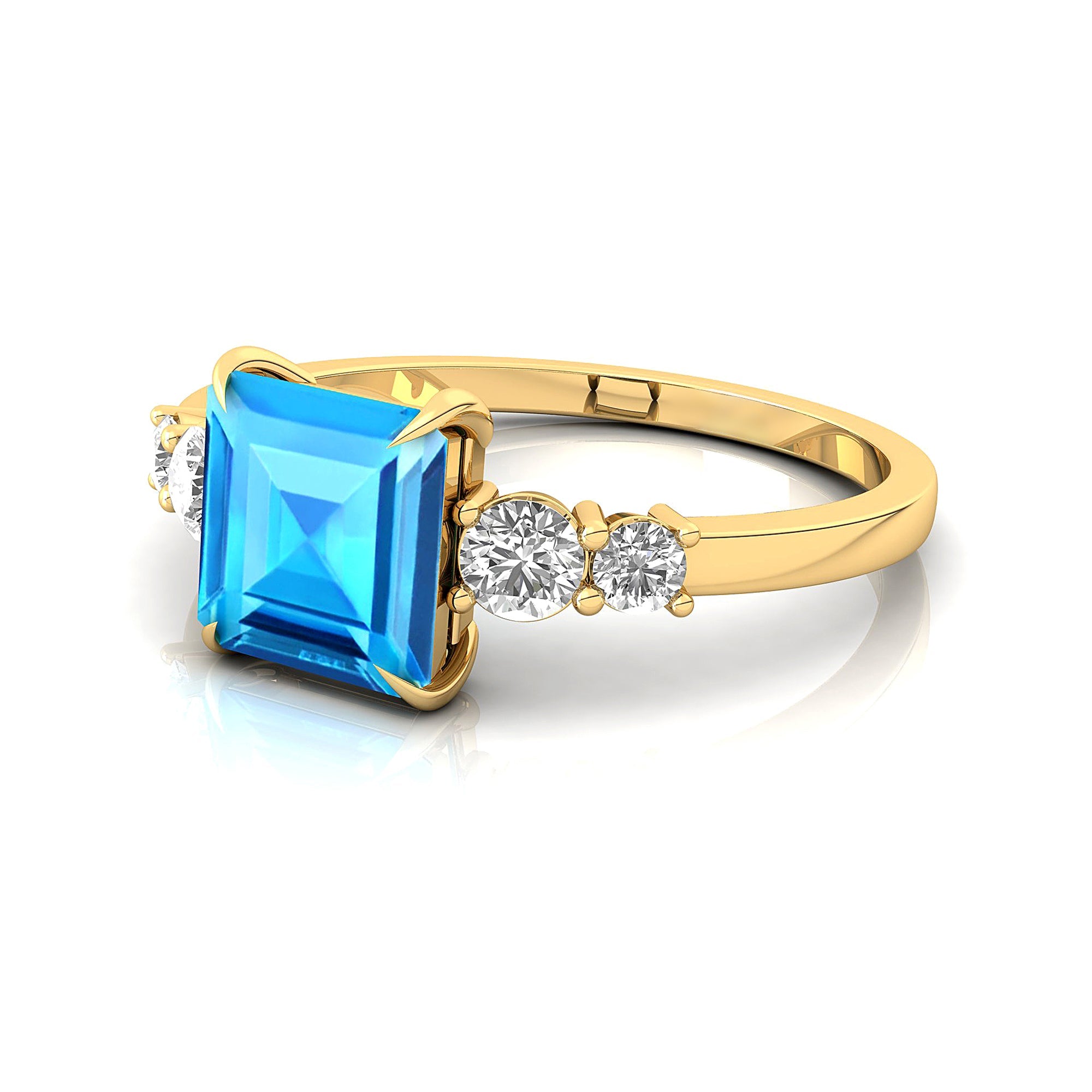 Princess Cut Swiss Blue Topaz Graduating Accent Diamond Ring - GeumJewels