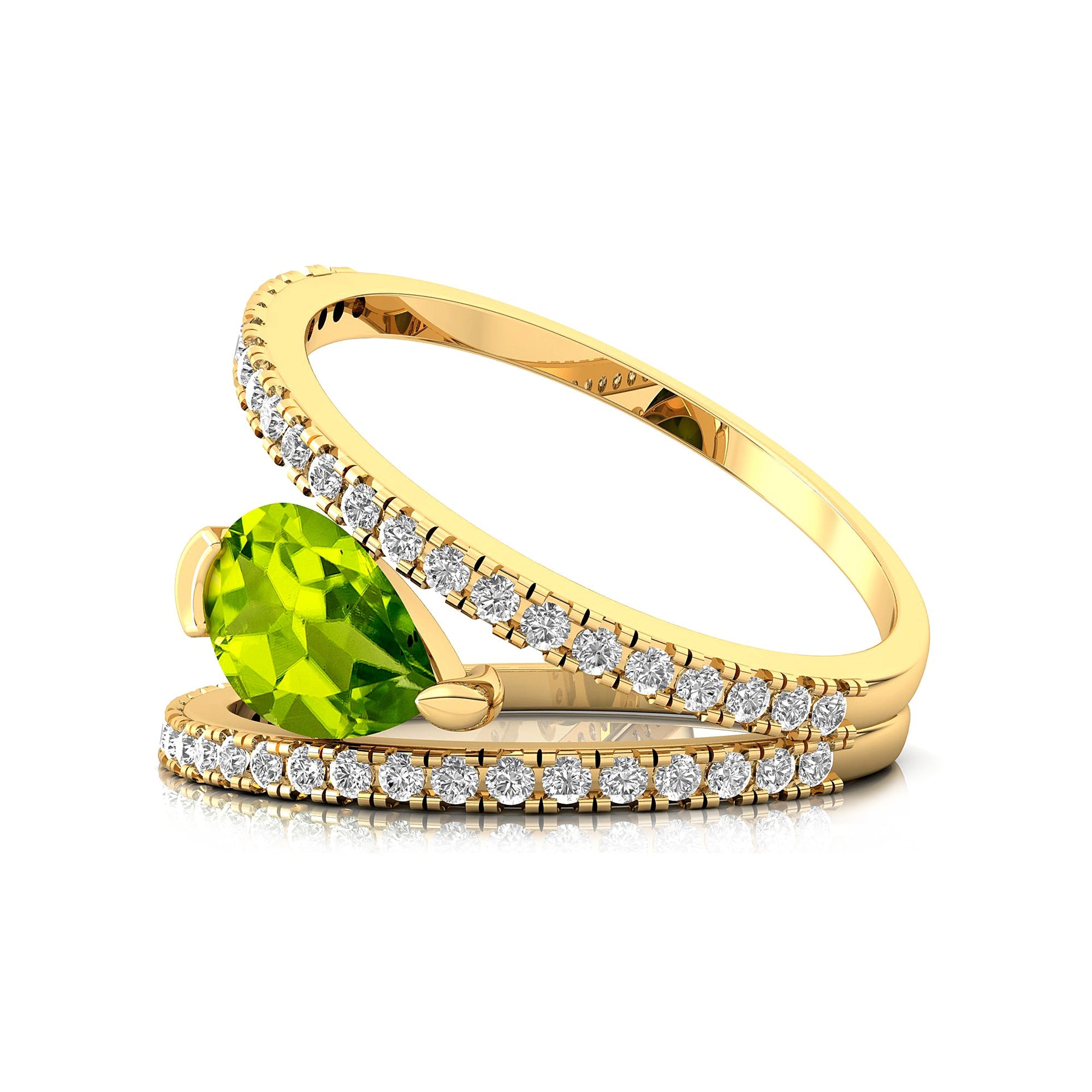 Fashionable V Shaped Diamond Ring with Pear Cut Peridot - GeumJewels