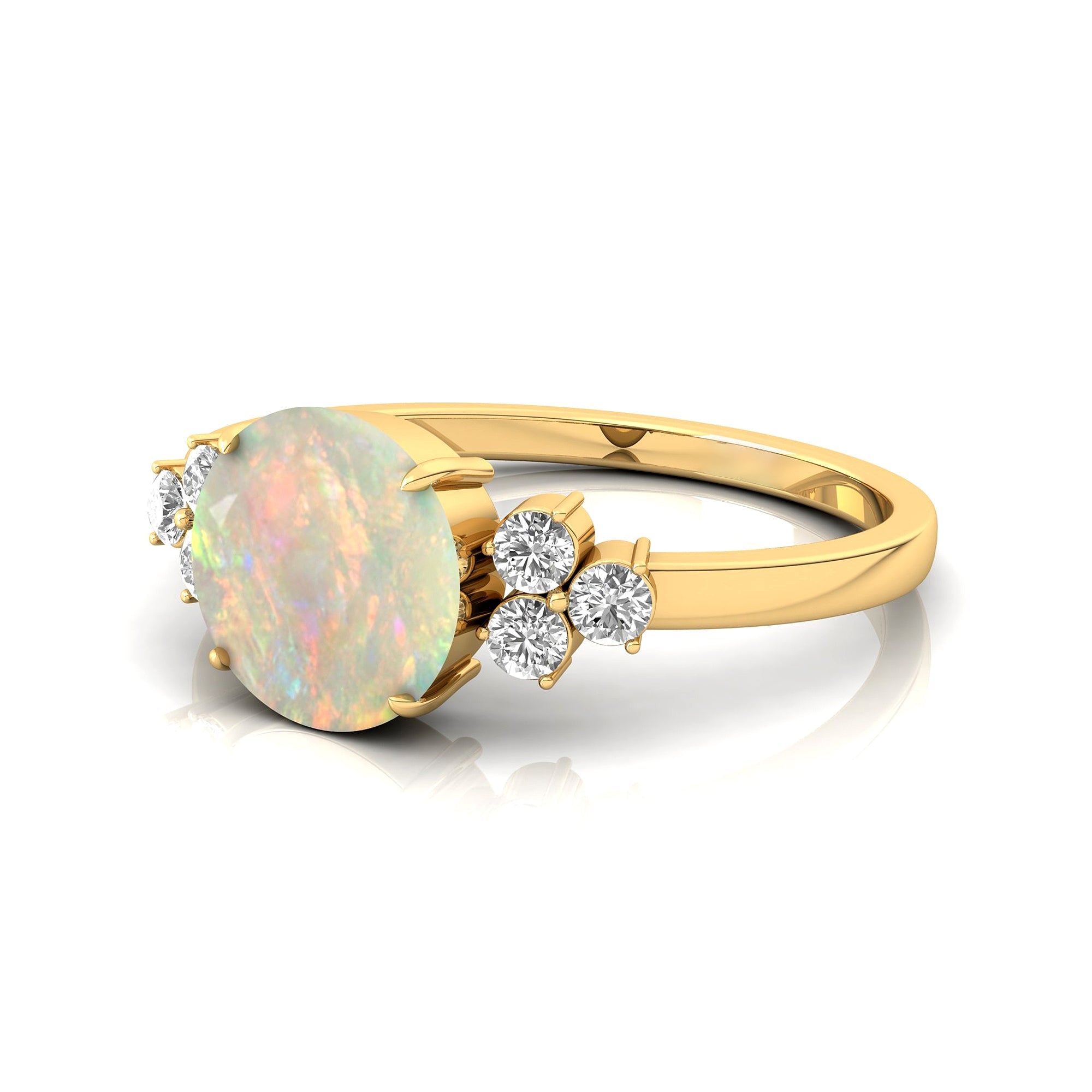 Trio Diamond Engagement Ring with Round Solitaire Opal - GeumJewels