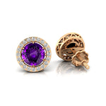 Round Solitaire Amethyst Halo Diamond Stud Earrings - GeumJewels