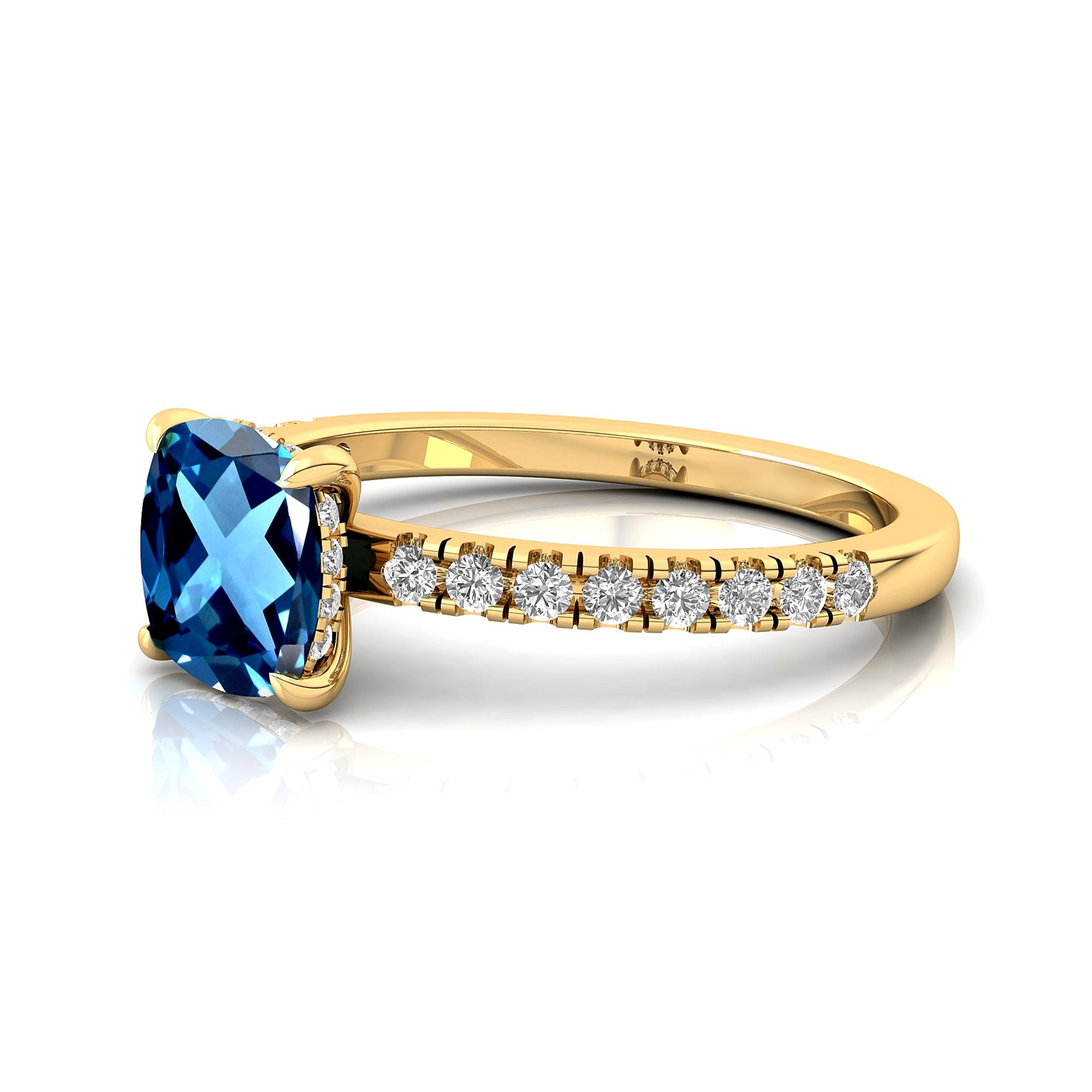 London Blue Topaz Square Cushion Under Halo Diamonds Thin Ring with Diamond Band - GeumJewels