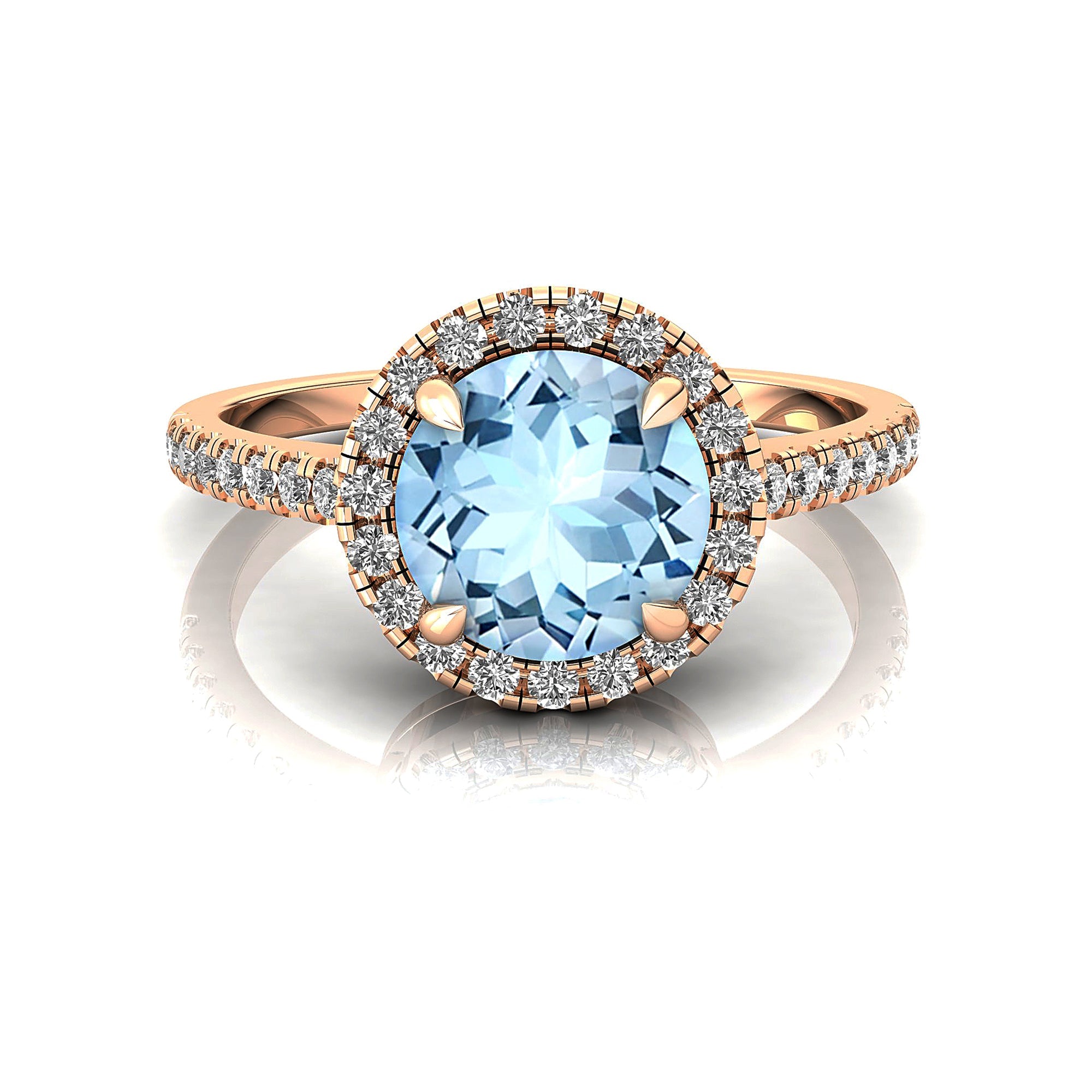 Classic Round Halo Diamonds with Solitaire Aquamarine Engagement Ring - GeumJewels