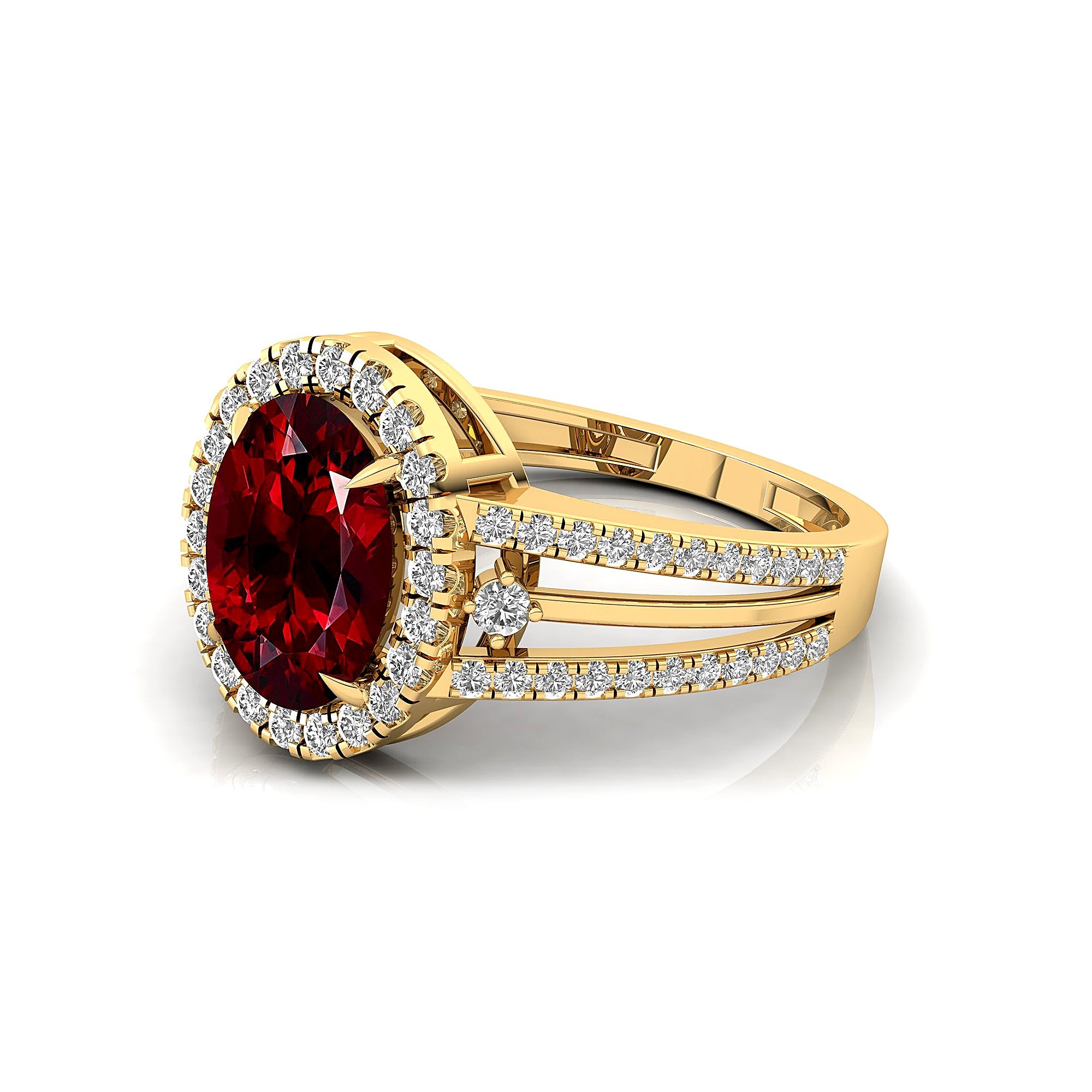 Solitaire Oval Garnet Split Shank Diamond Engagement Ring - GeumJewels
