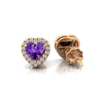 Heart Shaped Amethyst Halo Diamond Stud Earrings - GeumJewels