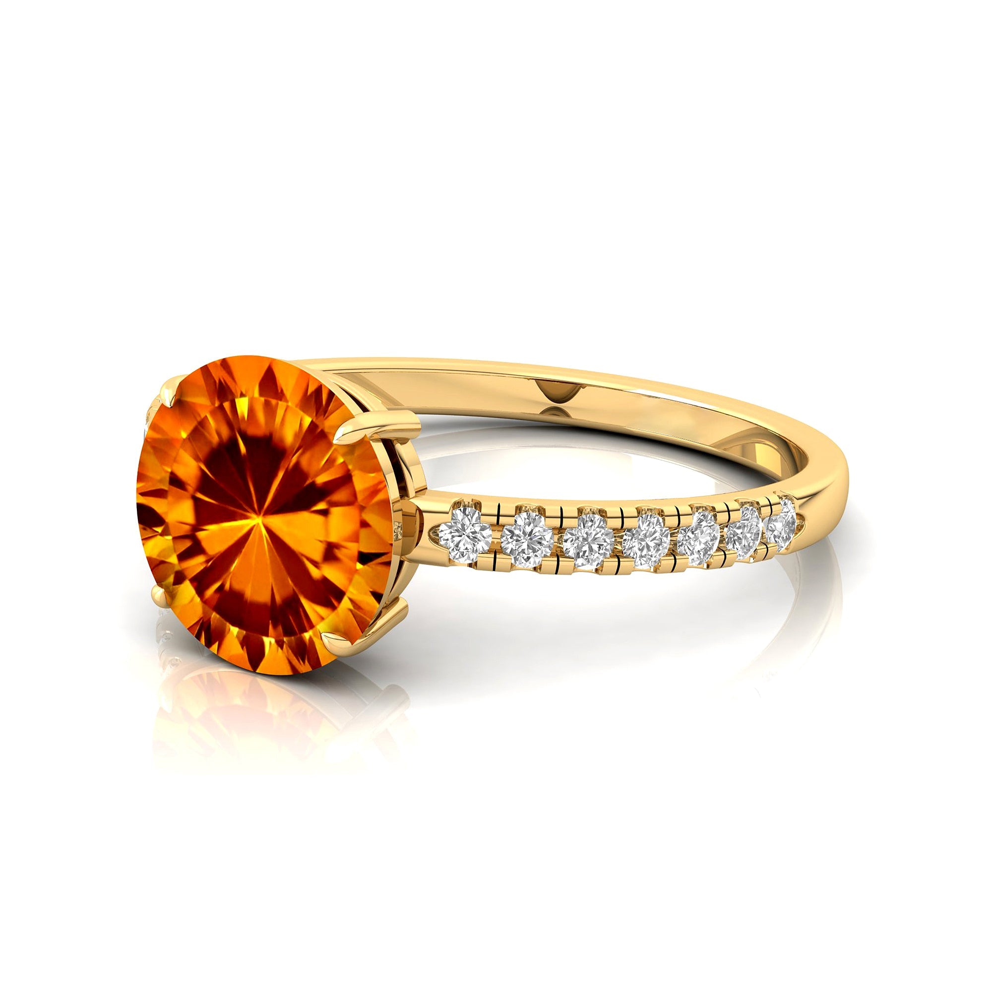 Classic Six Prong Round Solitaire Citrine Ring with Accent Diamond Band - GeumJewels