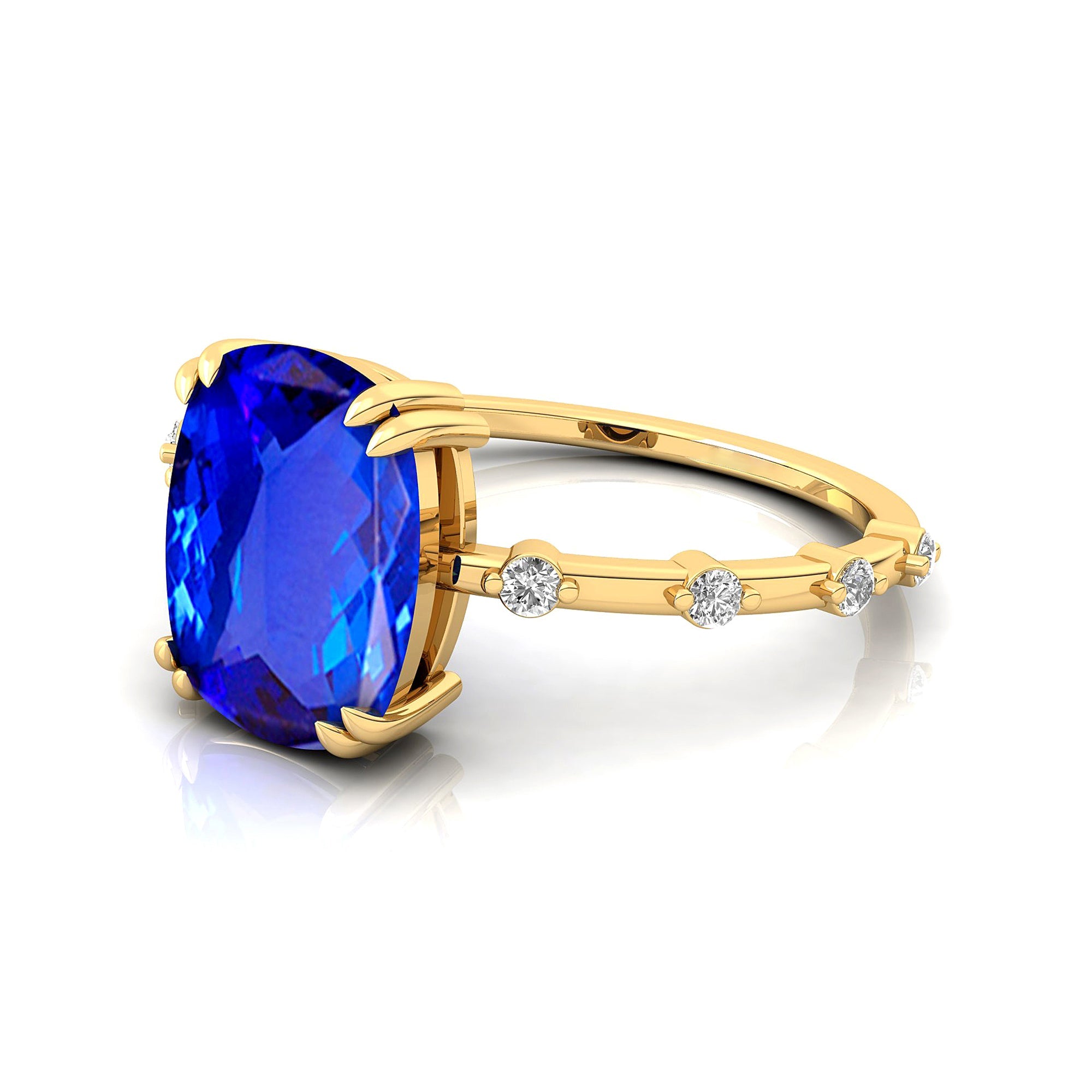 Cushion Cut Tanzanite Engagement Ring with Distant Diamond Band - GeumJewels
