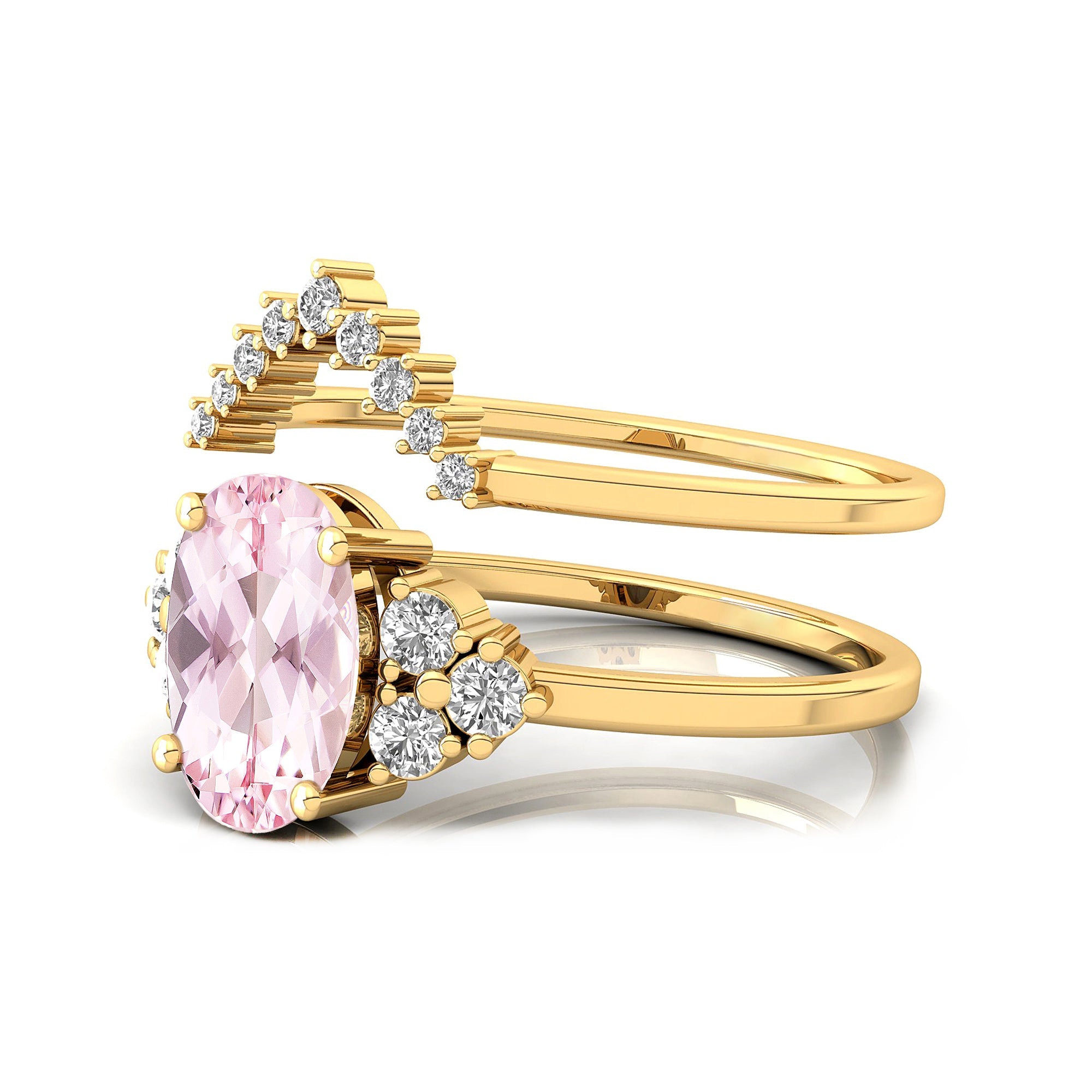Morganite Gold Ring With Stackable Diamond Band - GeumJewels