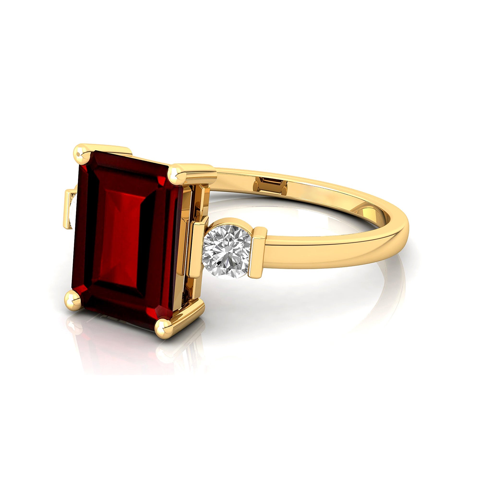 Emerald Cut Garnet and Diamond Three Stone Ring - GeumJewels