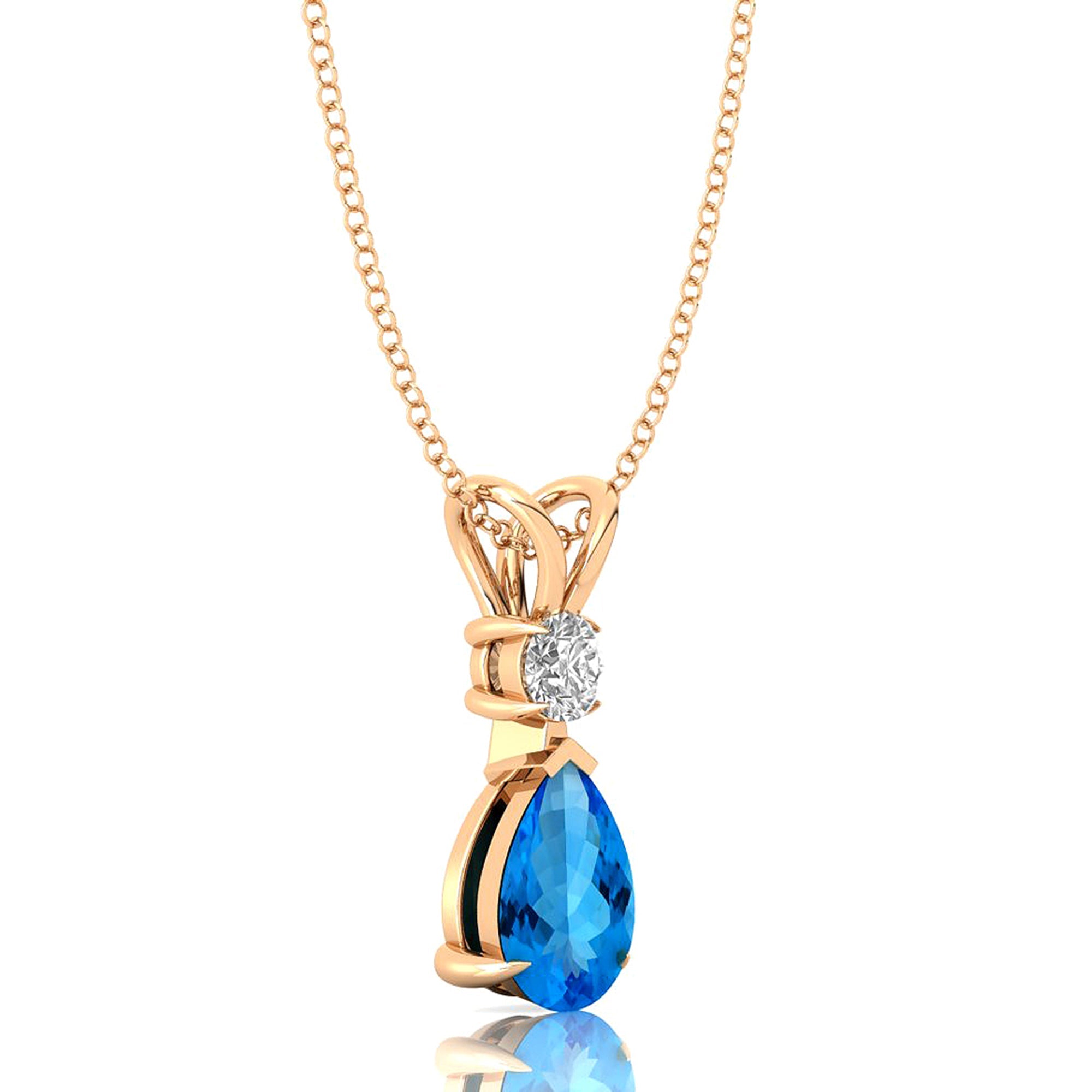 Swiss Blue Topaz Teardrop Pendant with Solitaire Diamond - GeumJewels