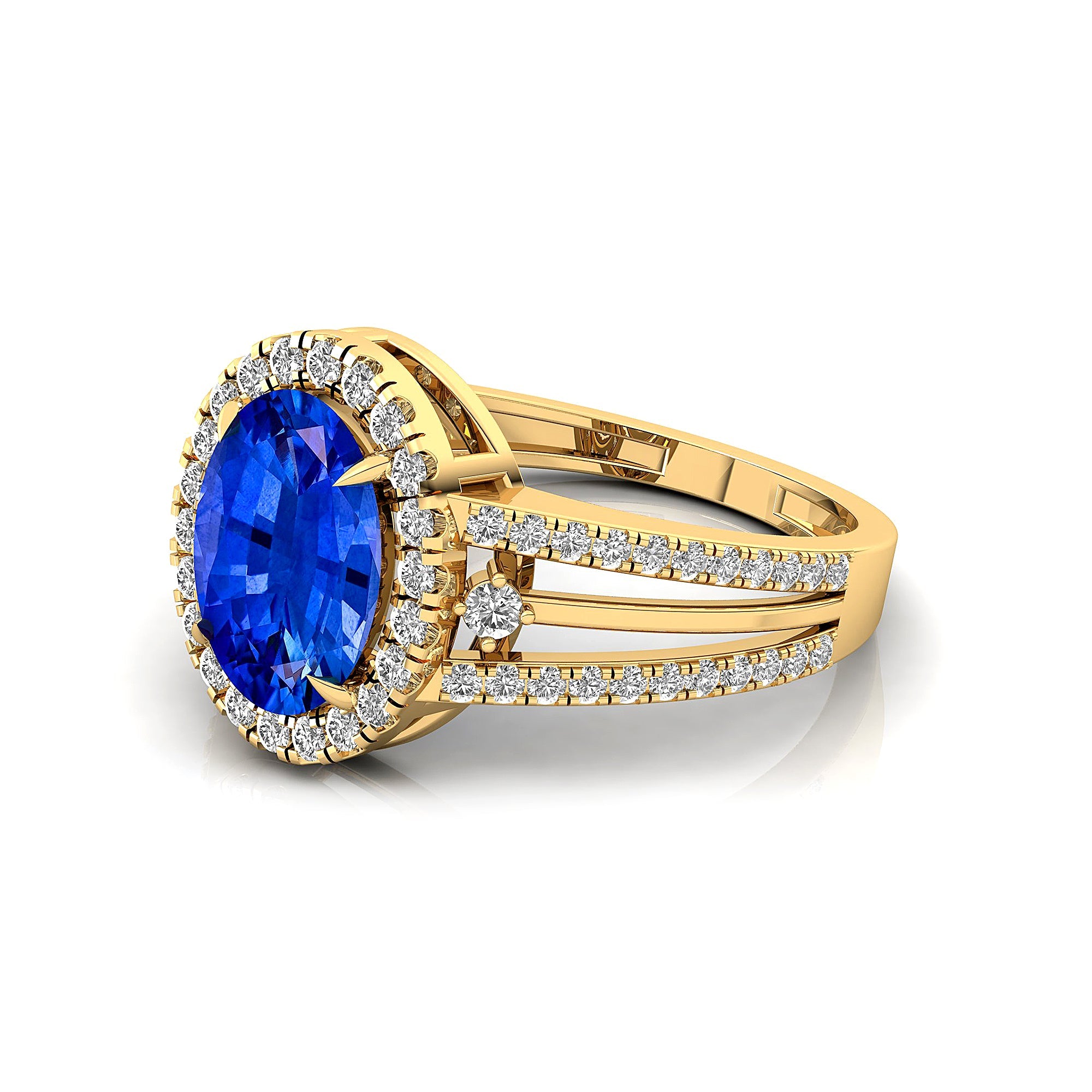 Solitaire Oval Blue Sapphire Split Shank Diamond Engagement Ring - GeumJewels