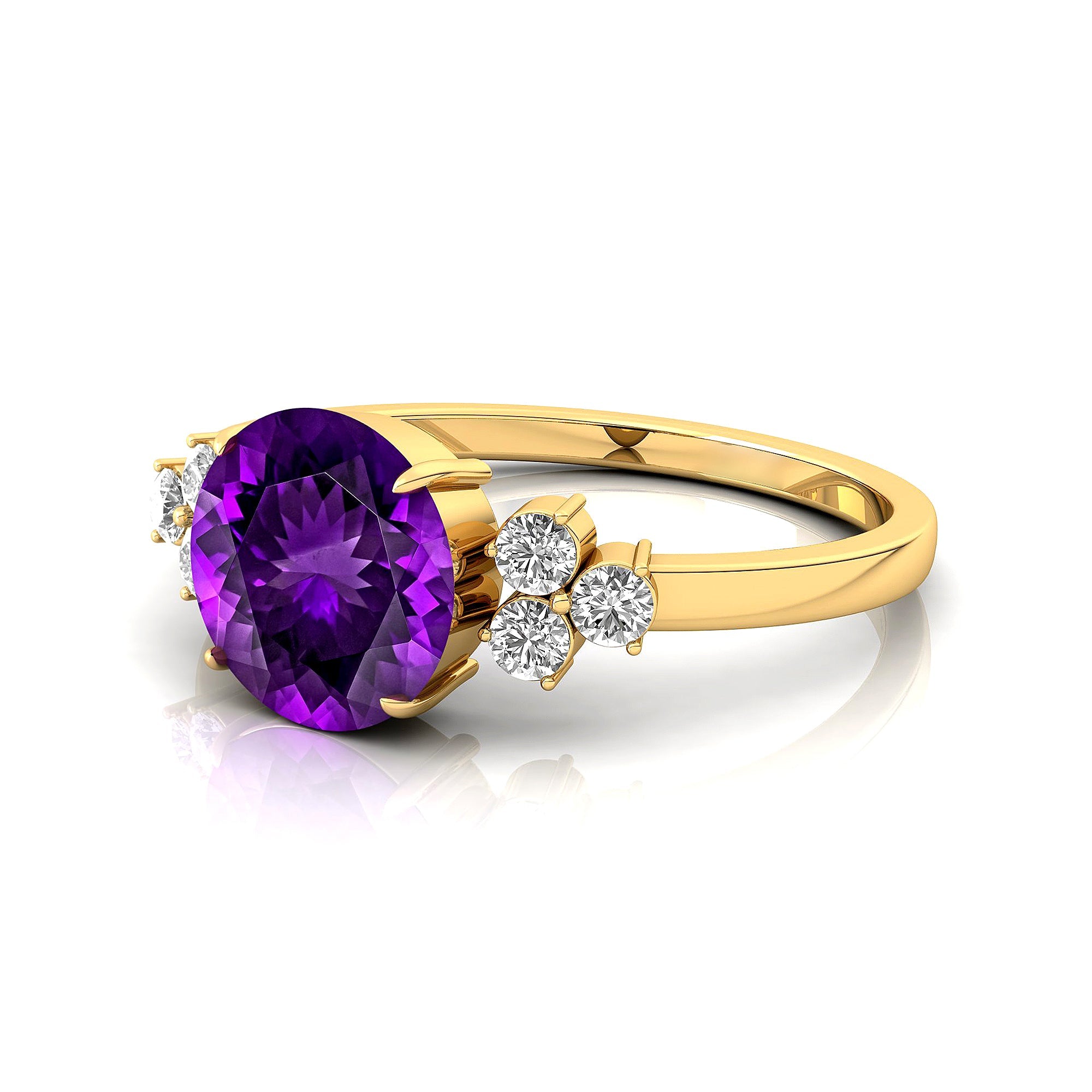 Trio Diamond Engagement Ring with Round Solitaire Amethyst - GeumJewels