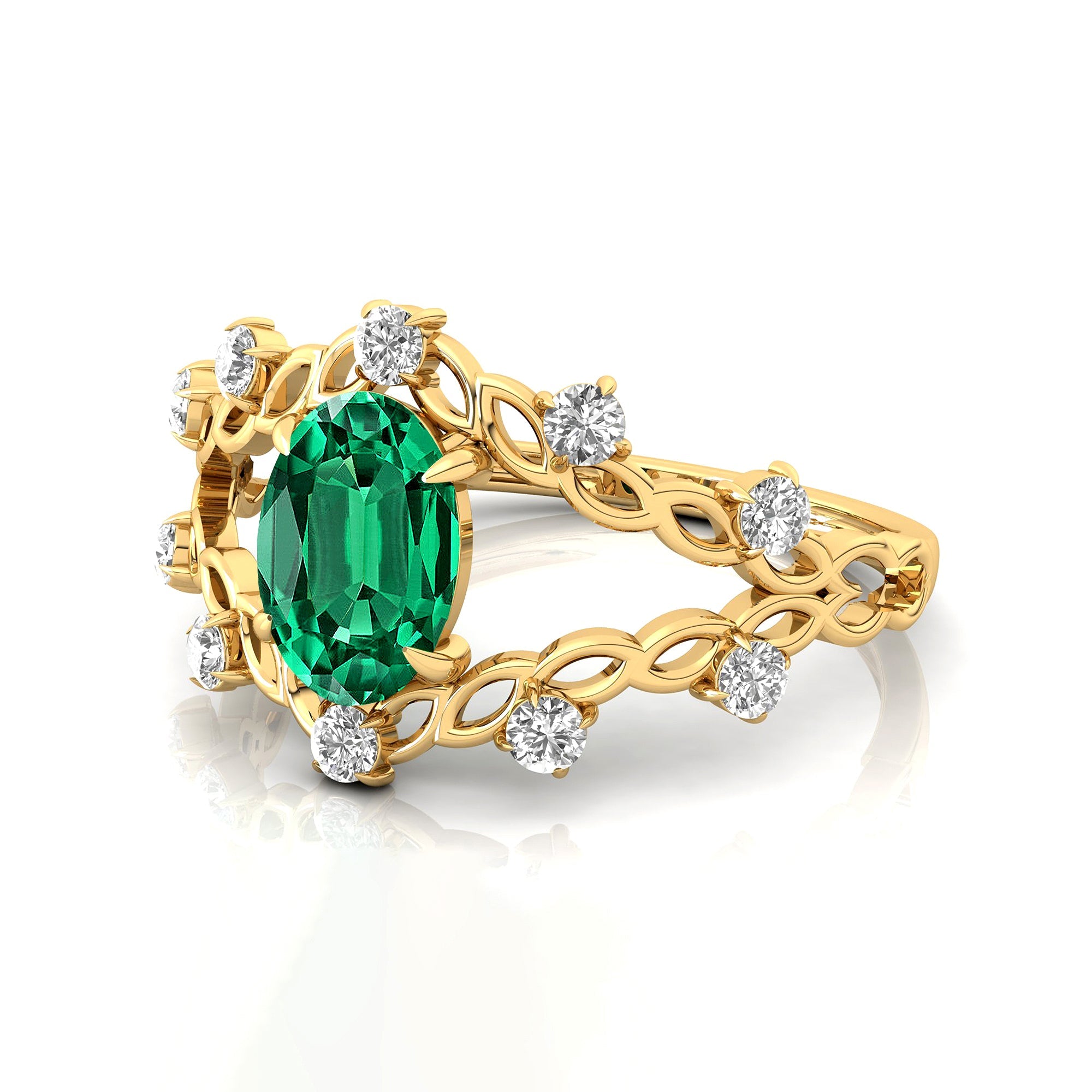 Flower Inspired Ring with Oval Shaped Emerald and Accent Diamonds - GeumJewels
