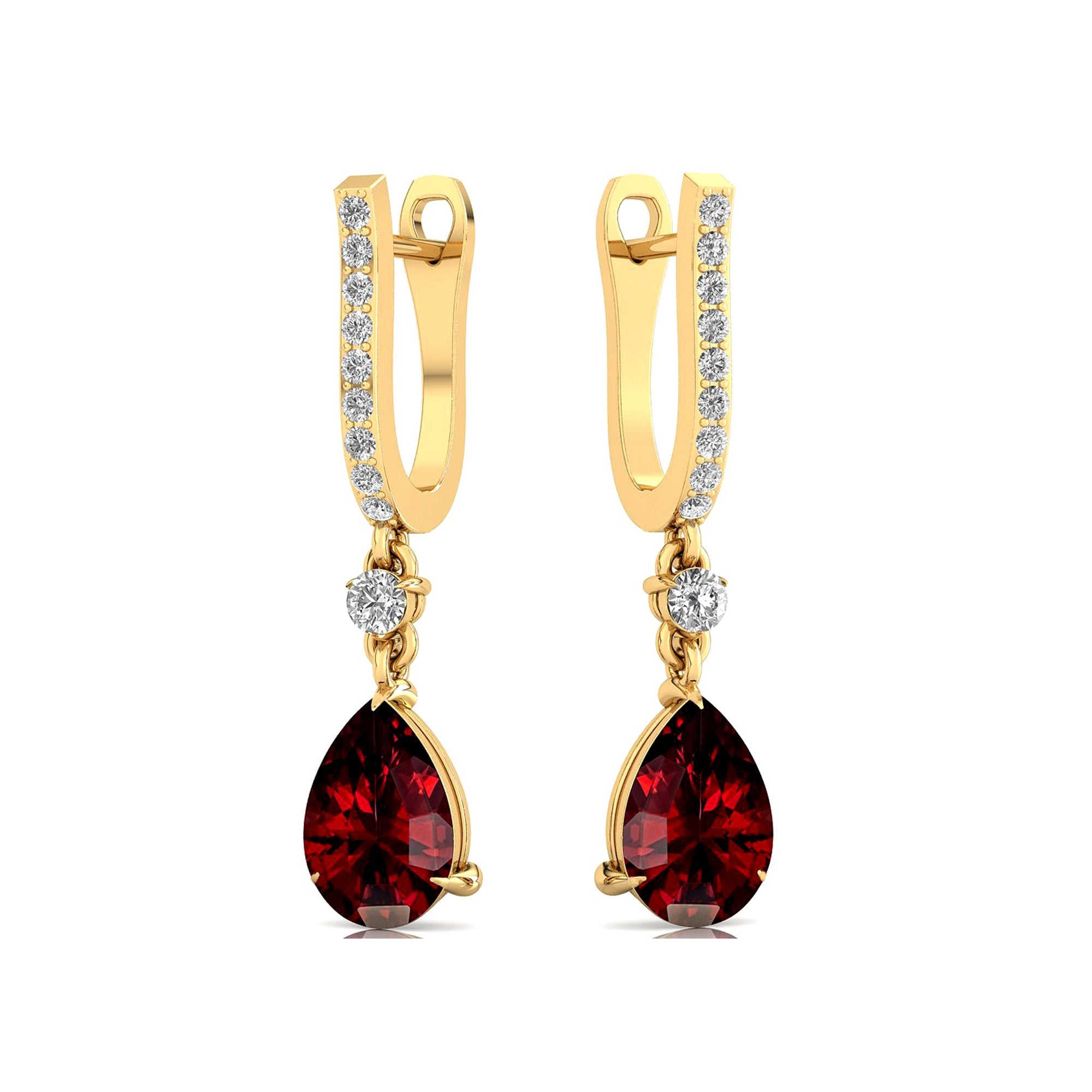 Lever Back Diamond Drop Earrings with Pear Cut Garnet - GeumJewels