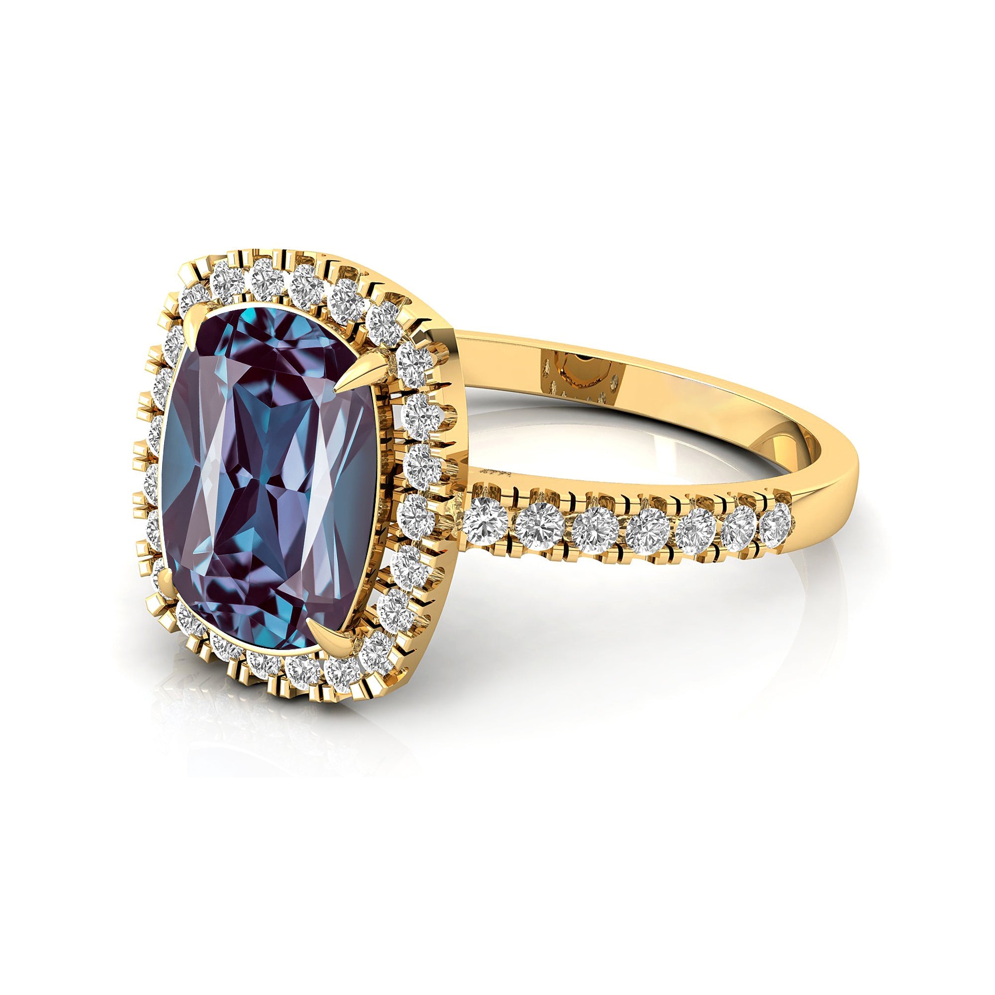 Elongated Cushion Halo Set Alexandrite Engagement Ring with Diamond Band - GeumJewels