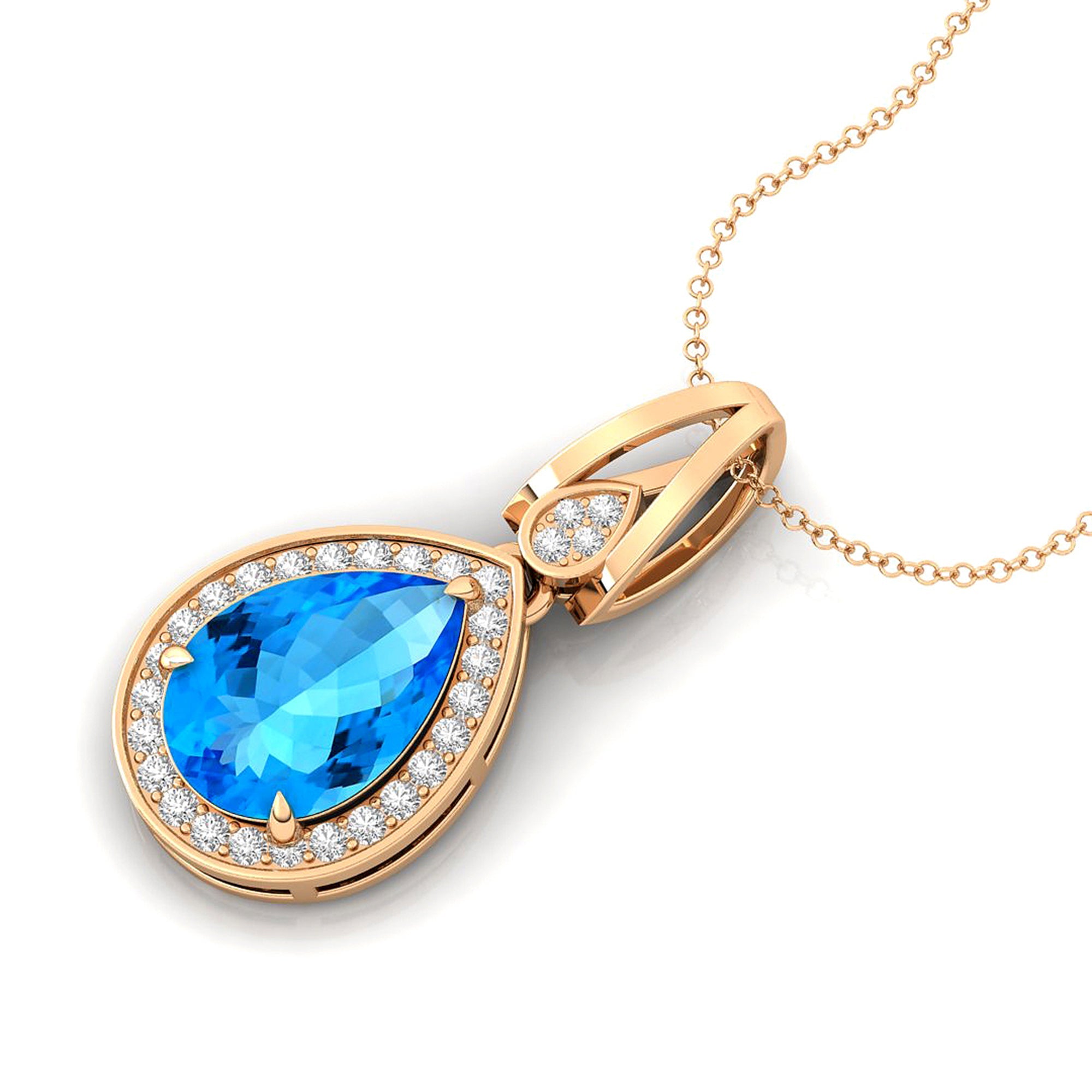 Classic Teardrop Shaped Swiss Blue Topaz Halo Diamond Dangle Pendant - GeumJewels