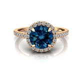 Classic Round Halo Diamonds with Solitaire London Blue Topaz Engagement Ring - GeumJewels