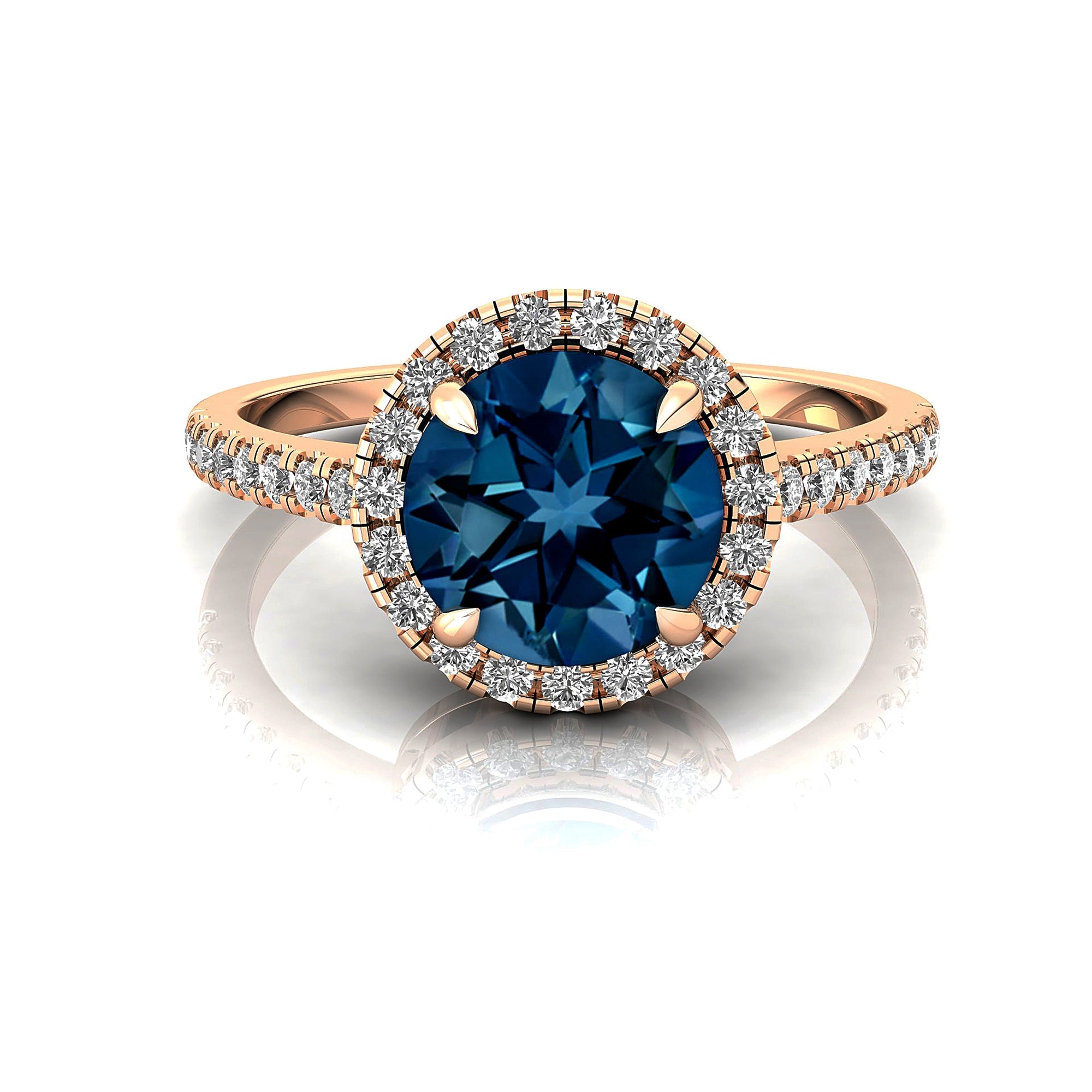 Classic Round Halo Diamonds with Solitaire London Blue Topaz Engagement Ring - GeumJewels
