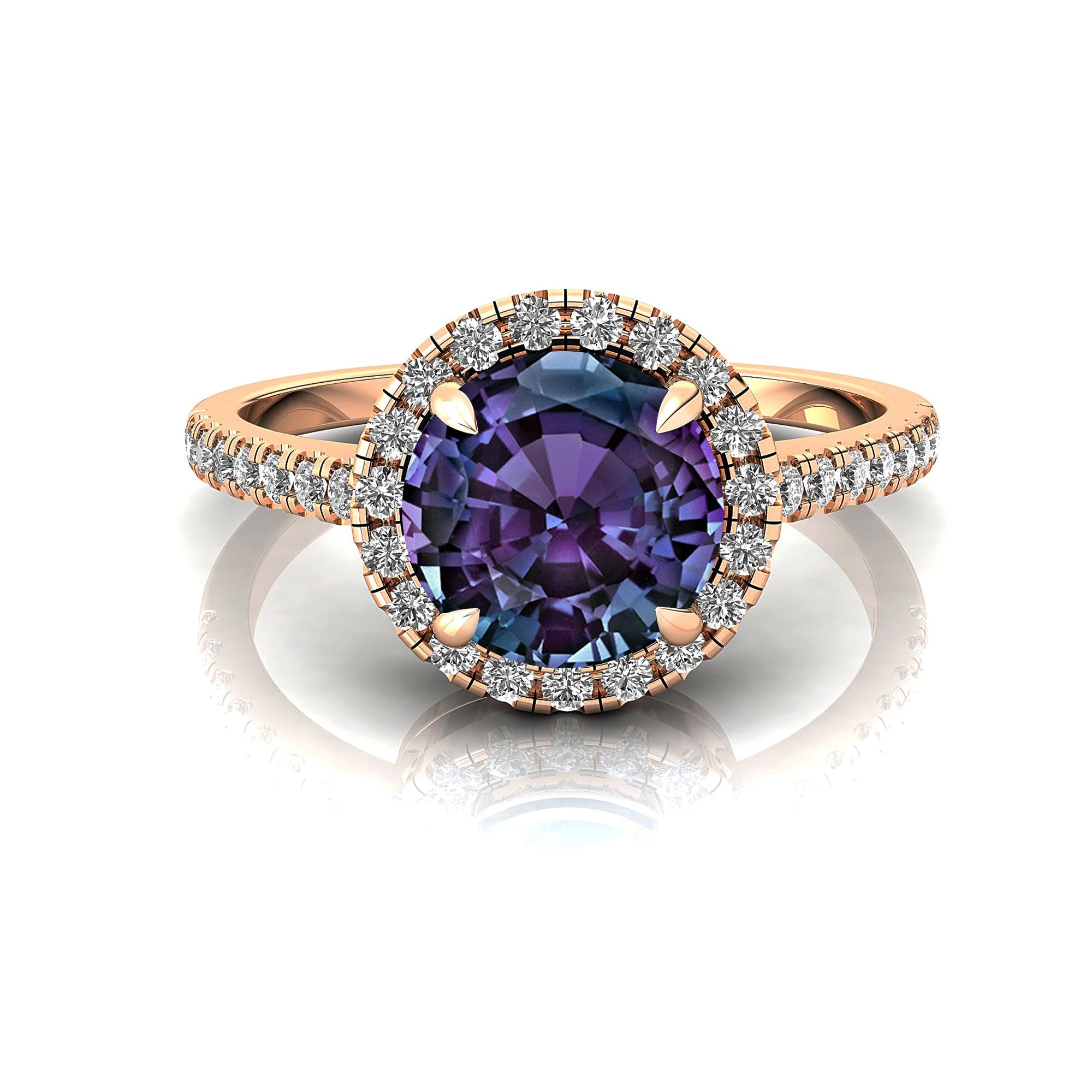 Classic Round Halo Diamonds with Solitaire Alexandrite Engagement Ring - GeumJewels